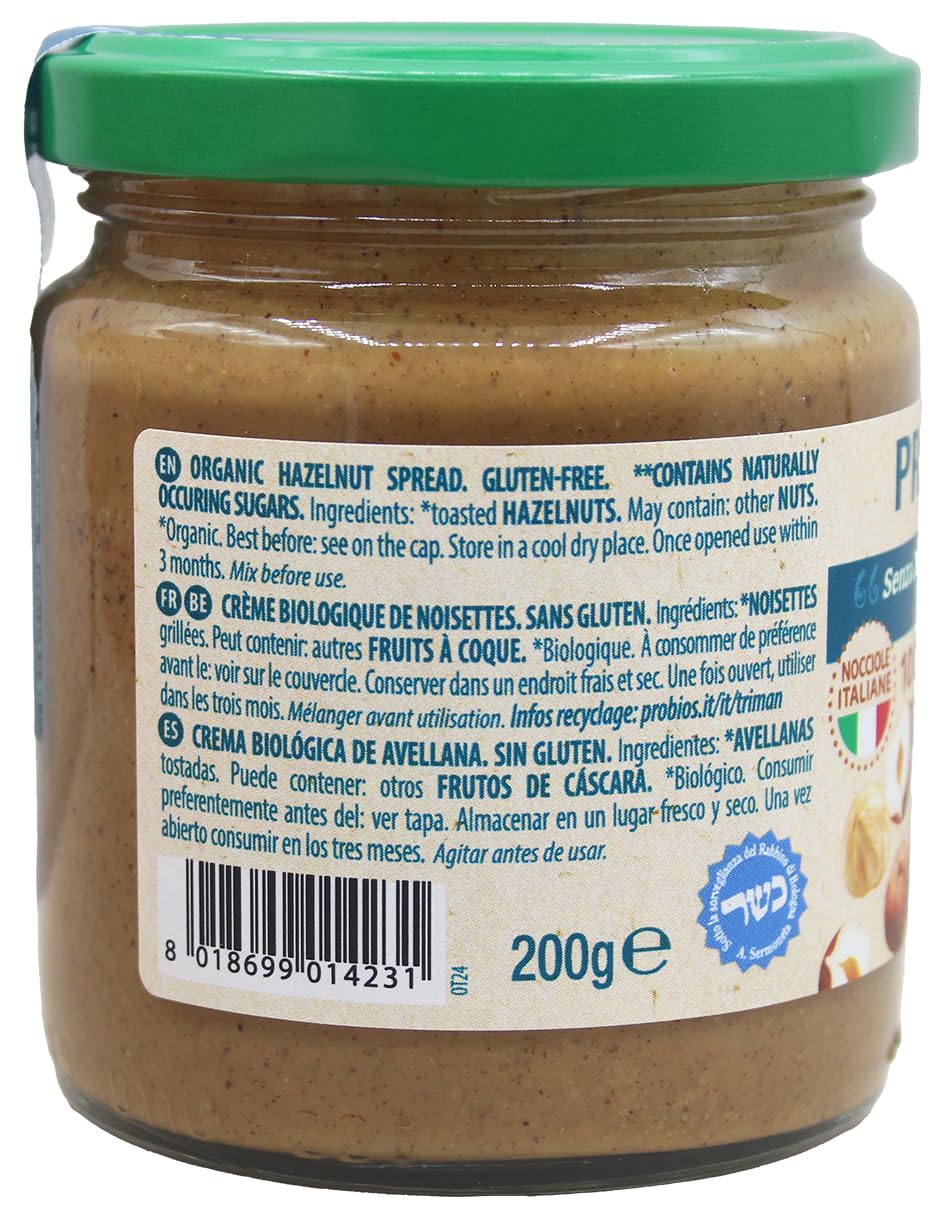 Probios Crema nocciole italiane biologiche - Senza glutine e crema nocciole 100 pura senza zucchero - Perfetta per dolci, colazione e dessert - Confezione da 6 x 200 g