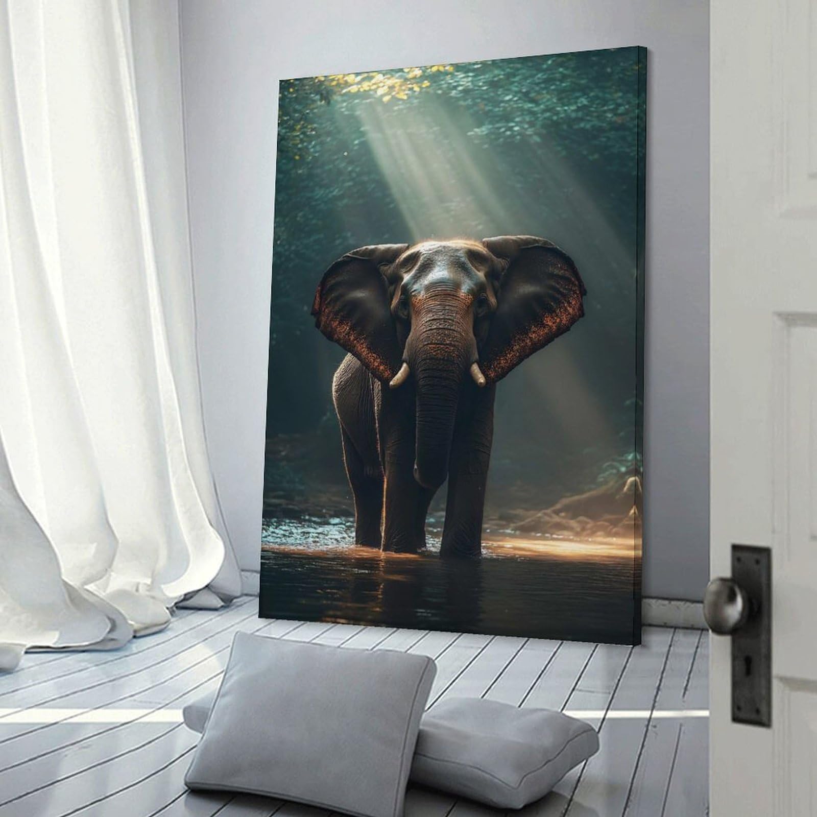 Junmoney Wall Decor Canvas Print Elephant in A Sunlit Forest Stream, 16x24inch(40x60cm), for Bedroom, Lounge Or Dressing Area, Stylish Decor for A Restful Room Update