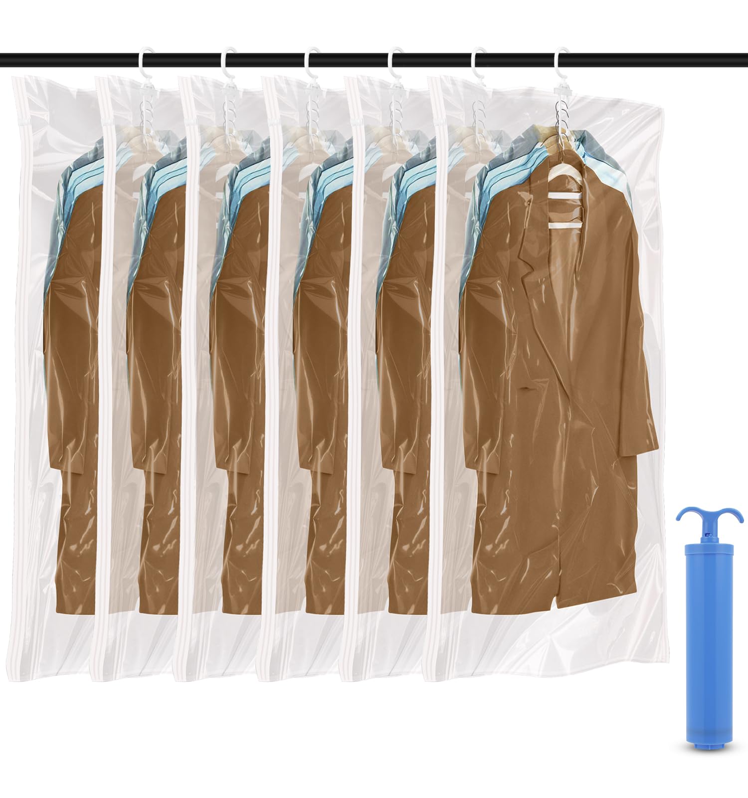 Aolso Hanging Vacuum Storage Bags for Coats with Pump, 6 Pack Coat Storage Bags, Reusable Closet Organizer-70x110cm*6