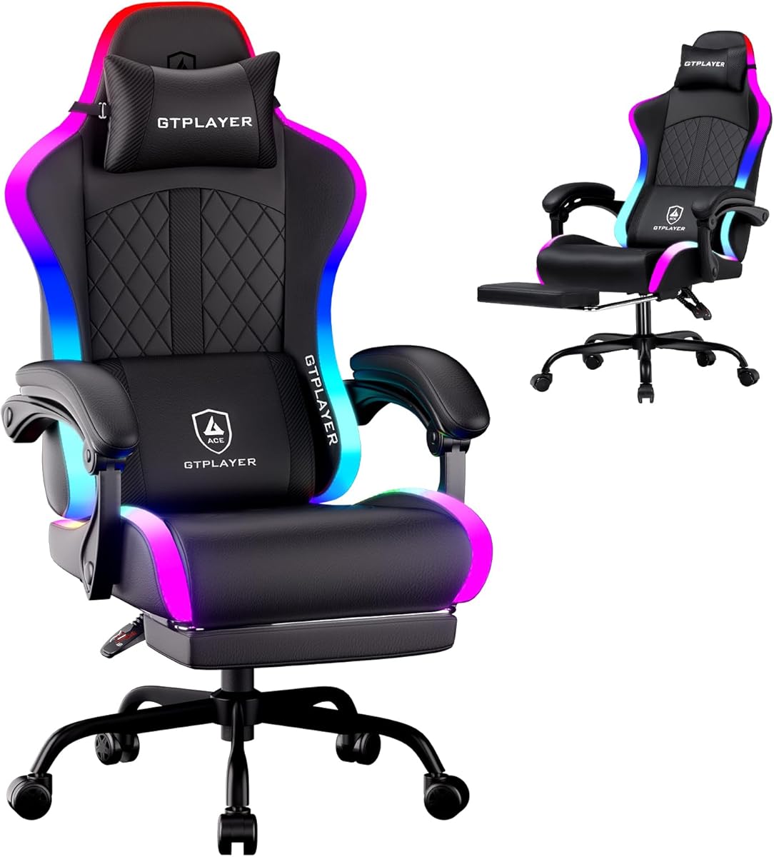 GTPLAYER RGB Gaming Chair, Computer Gamer Chair with Footrest and LED Lights, PC Gamer Chairs for Adults, High Back Reclining Office Chairs, Linkage Armrest (Black)