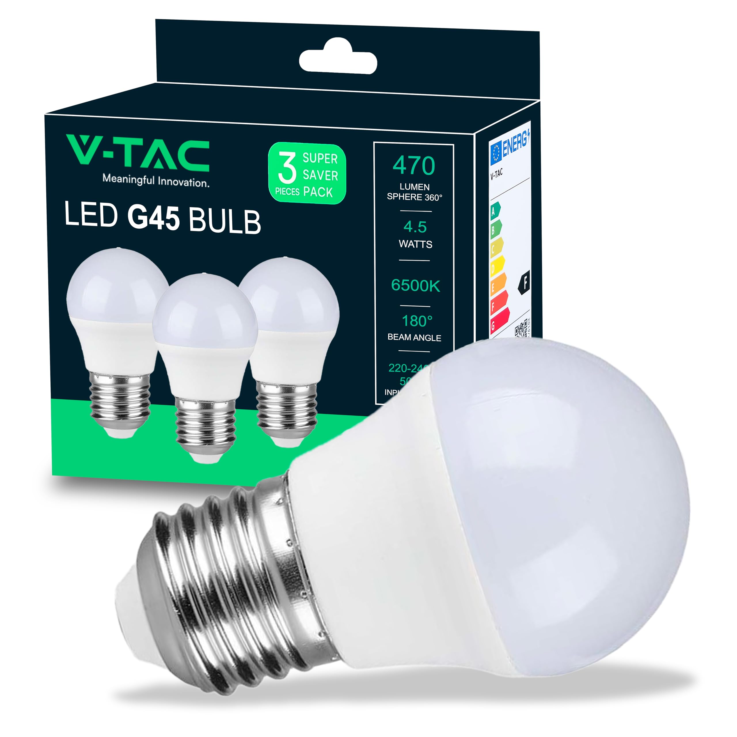 V-TAC 3x LED Glühbirne E27 G45-4,5W (entspricht 40W) - 3er Pack - 470 Lumen - LED Glühlampen - Energiesparlampe - Licht 6500K Kaltweiß