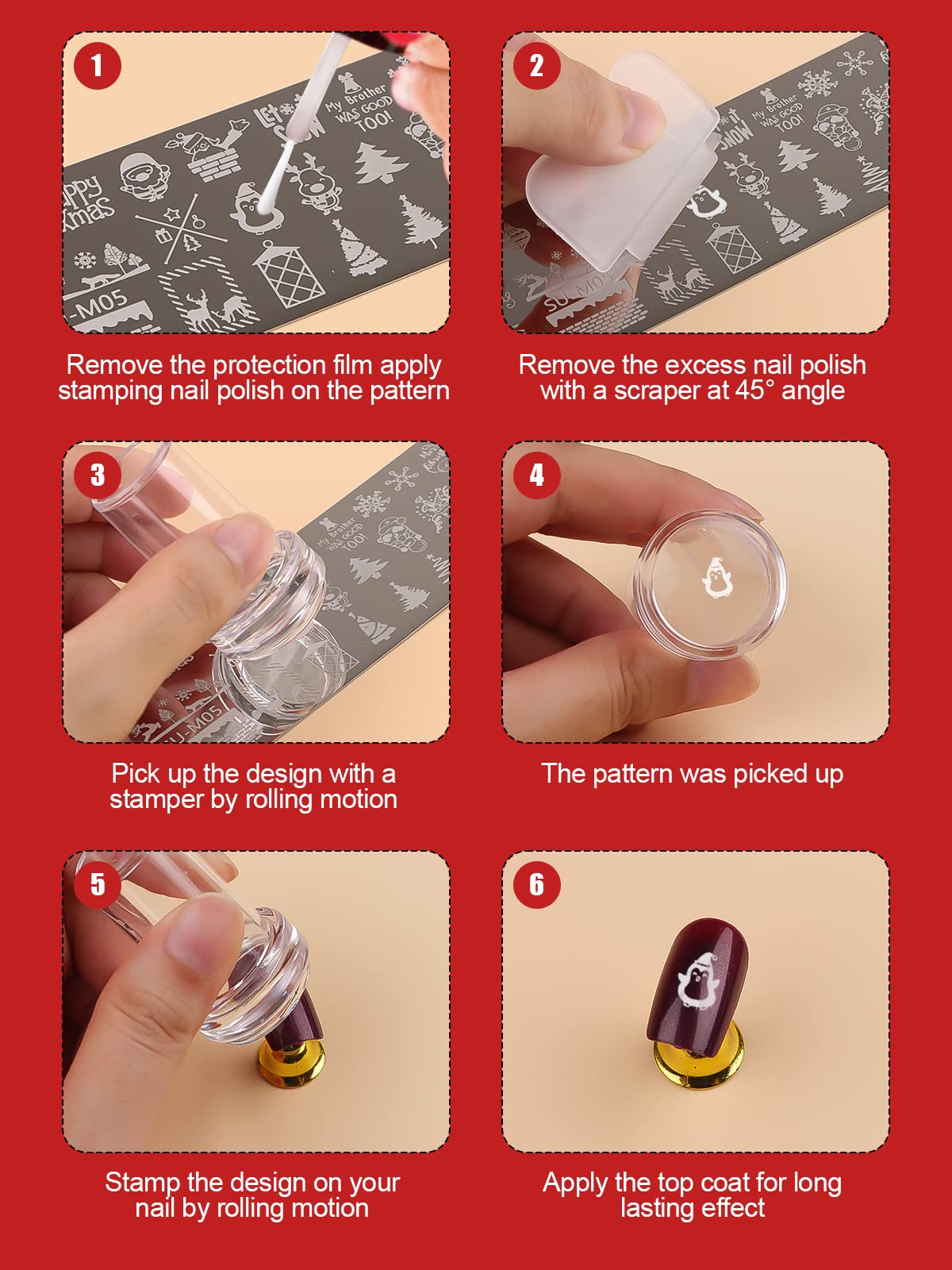 EBANKU 6 pezzi Set di Nail Art Stamping Stampini, Piatti per Timbri per Unghie Renna Fiocco di Neve Albero di Natale Disegni Manicure con 1 Timbro + 1 Raschietto + 1Borsa Portaoggetti