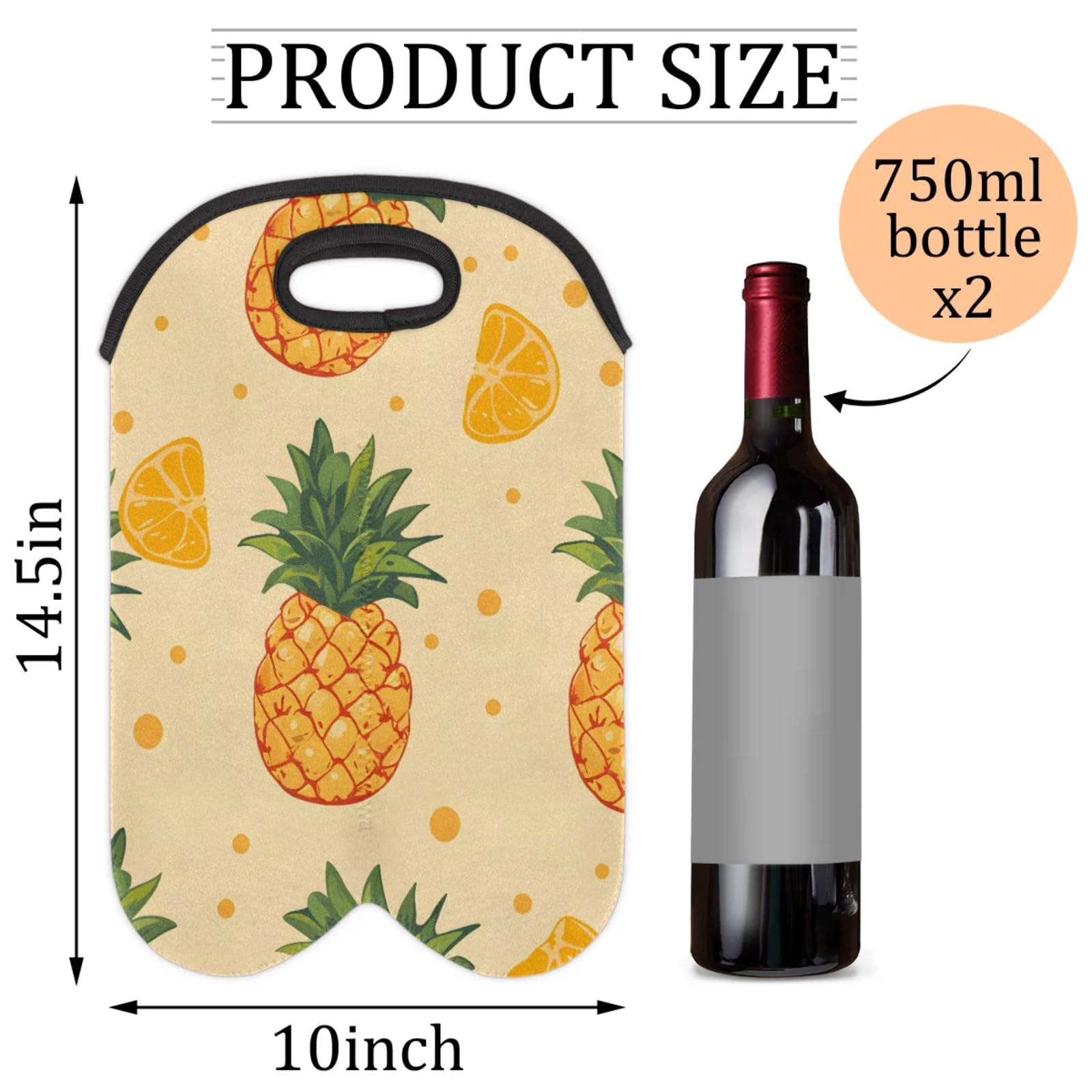 GzLeyigou 2 Bottles Pineapples Wine Bag Sleeve Totes Fruit Neoprene Protective Wine Carrier Bag for Wine,Water, Champagne, Beer, Baby Bottles,Gift 14.5 x 10 Inches