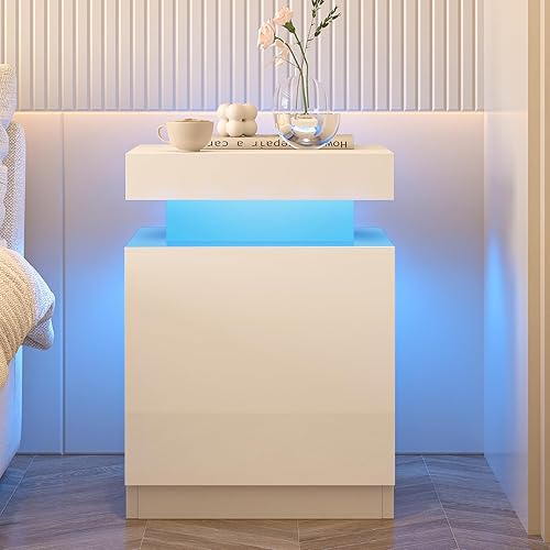 Miniatura 4 de oneinmil Juego de 2 mesitas de noche LED, mesita de noche con armario de almacenamiento para dormitorio, mesita de noche con luces LED, mesa