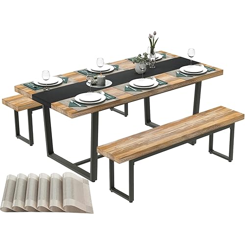 STHOUYN 71” 6ft Dinner Table Set for 6 8 12 Seat Dining Room Table with Bench, Rectangular Farmhouse Modern Kitchen Long Table, Black & Brown Industrial Dining Conference Table (3 Piece 71")