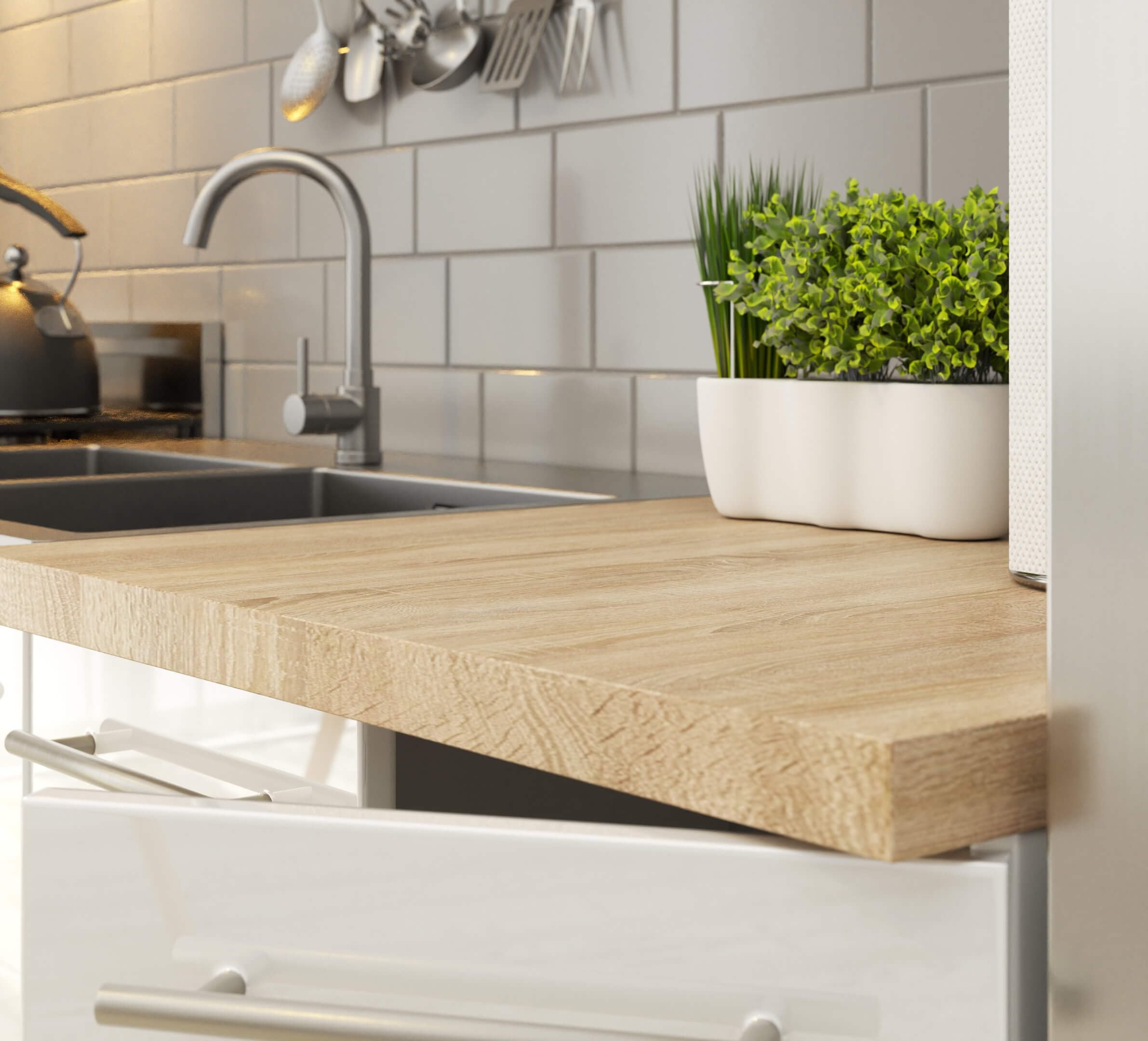 AKORD Oliwia S80 cabinet installed in a kitchen with a wooden countertop and sink.