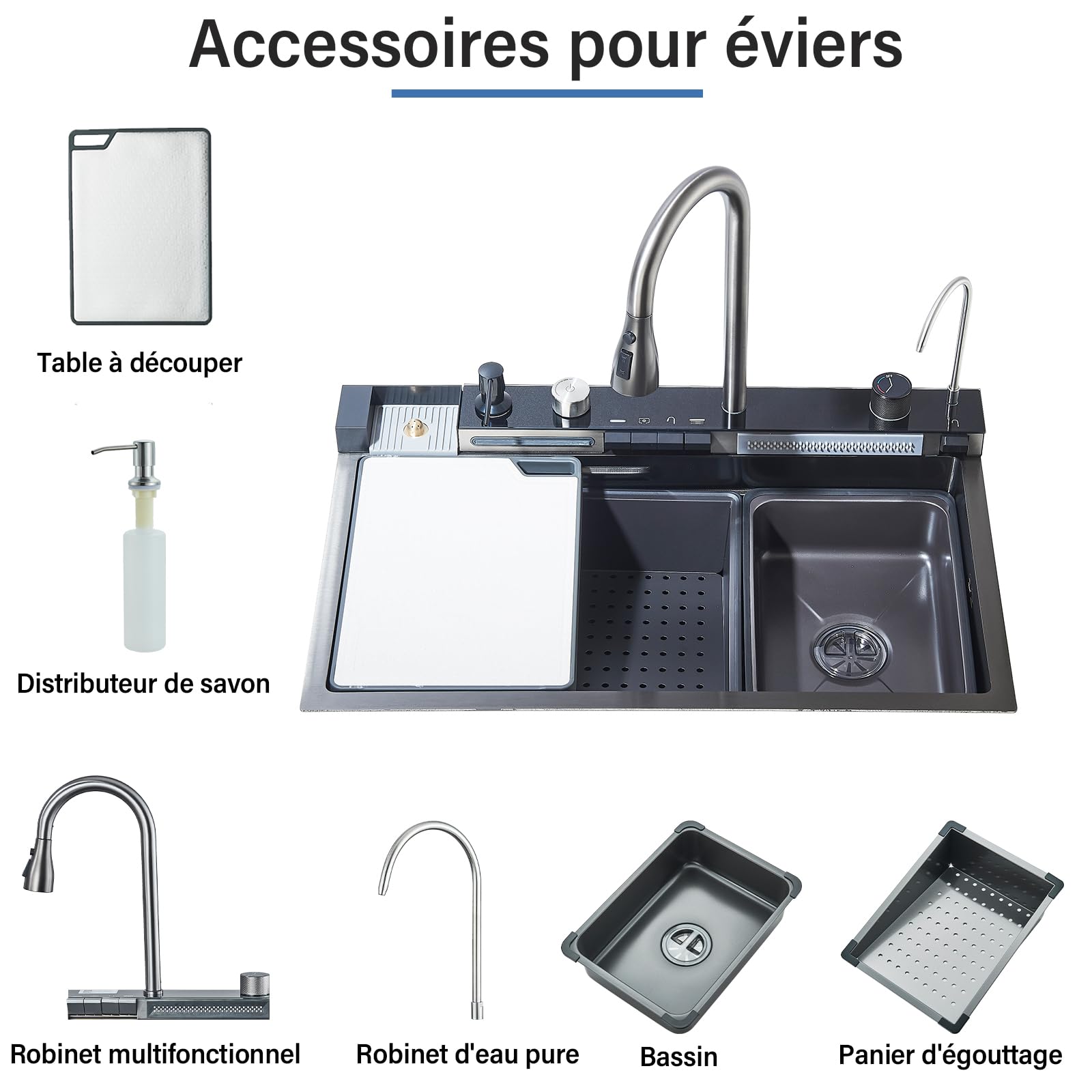 Évier de Cuisine Multifonction avec Haute Pression Robinet Cuisine Bec Extractible et 4 Modes de Pulvérisation Acier Inoxydable Gris Canon 75 * 45 * 21 Evier 1 Bac