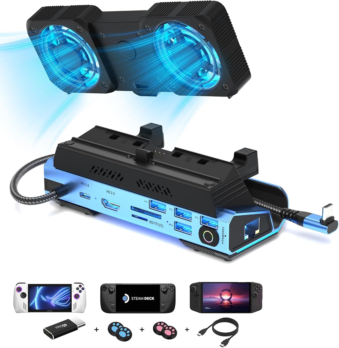 Legion Go/ROG Ally/Steam Deck Dock - 13-in-1 Docking Station Dismantling Dual Cool Fans Steam, 4K@60Hz, 4 USB Ports, 100W PD Charging, Gigabit Ethernet Fit for Steam Deck