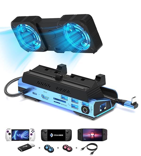 Legion Go/ROG Ally/Steam Deck Dock - 13-in-1 Docking Station Dismantling Dual Cool Fans Steam, 4K@60Hz, 4 USB Ports, 100W PD Charging, Gigabit Ethernet Fit for Steam Deck by YCE - Used condition - US$54.88