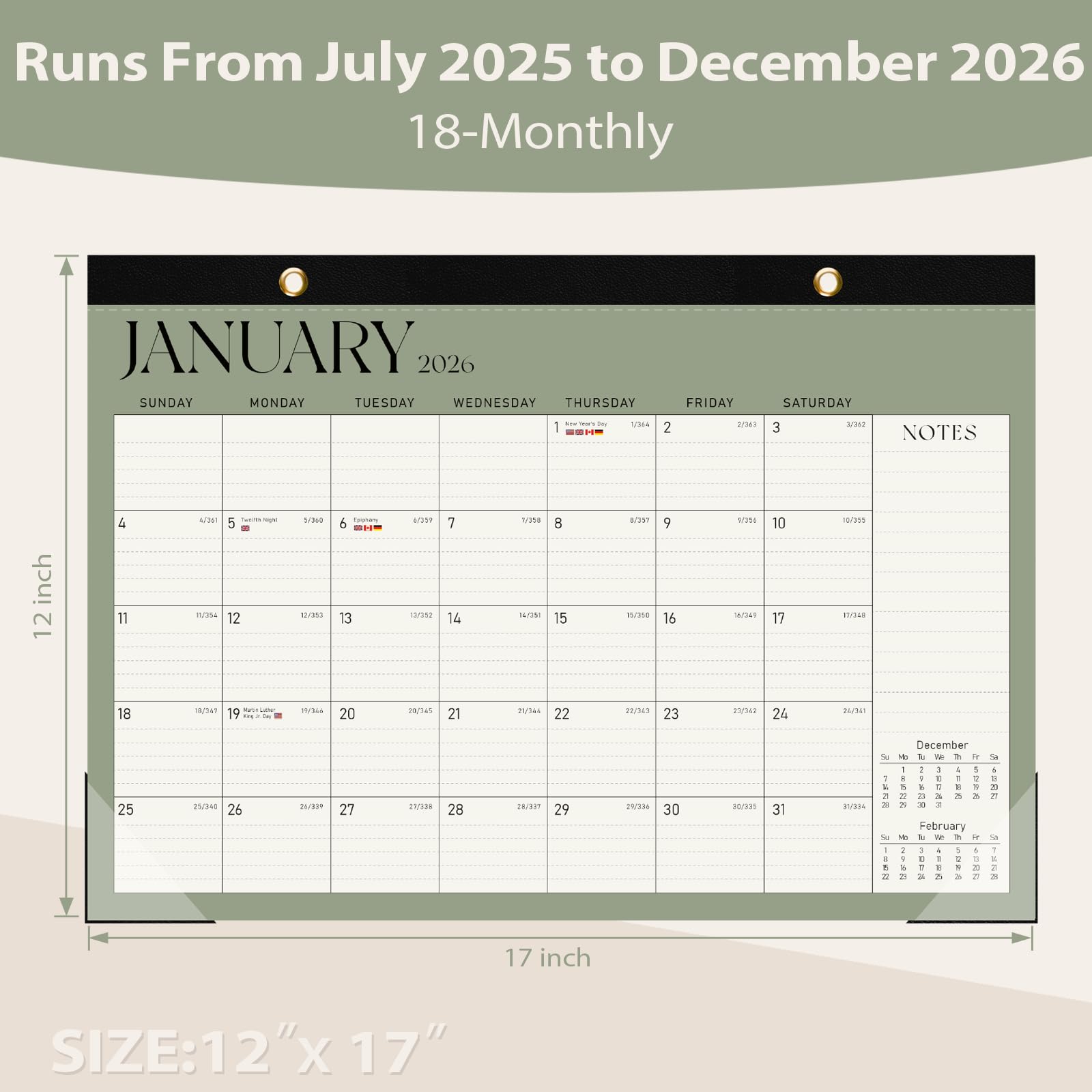 Tischkalender 2025–2026, 18 Monate, Juli 2025 bis Dezember 2026, großer 43,2 x 30,5 cm, Desktop/Wand-Monatskalender für Zuhause oder Büro, Grün