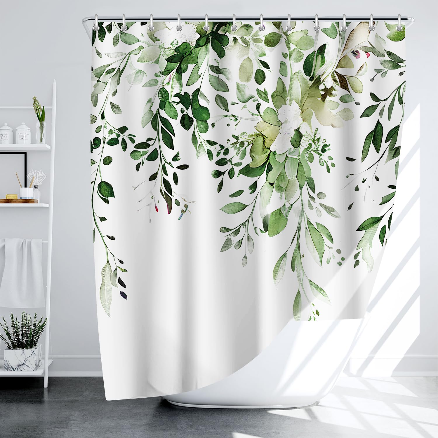 LIVETTY Shower Curtains Green Leaves Shower Curtain Extra Long Bath Curtain for Bathroom 200x200 cm Quick-Drying Kitchen Curtains Mould Proof Washable With 12 Hooks - Image 3
