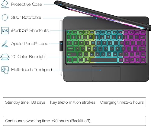 Miniatura 3 de Funda para teclado para iPad 10.2, 9 generación, 8 y 7 generación, teclado táctil, funda protectora giratoria de 360 con soporte para lápiz Apple,