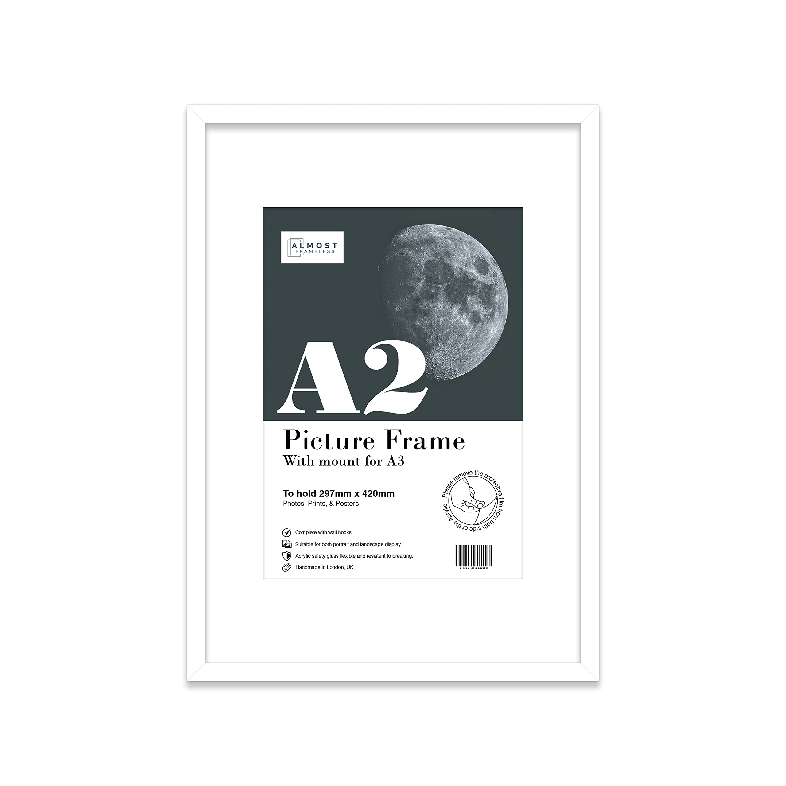 Almost Frameless White Picture Frame A2 With White Mount For A3 (29.7 X 42Cm - 11.7 X 16.5In) Print, Photo, Or Poster. Portrait And Horizontal Wall Hooks