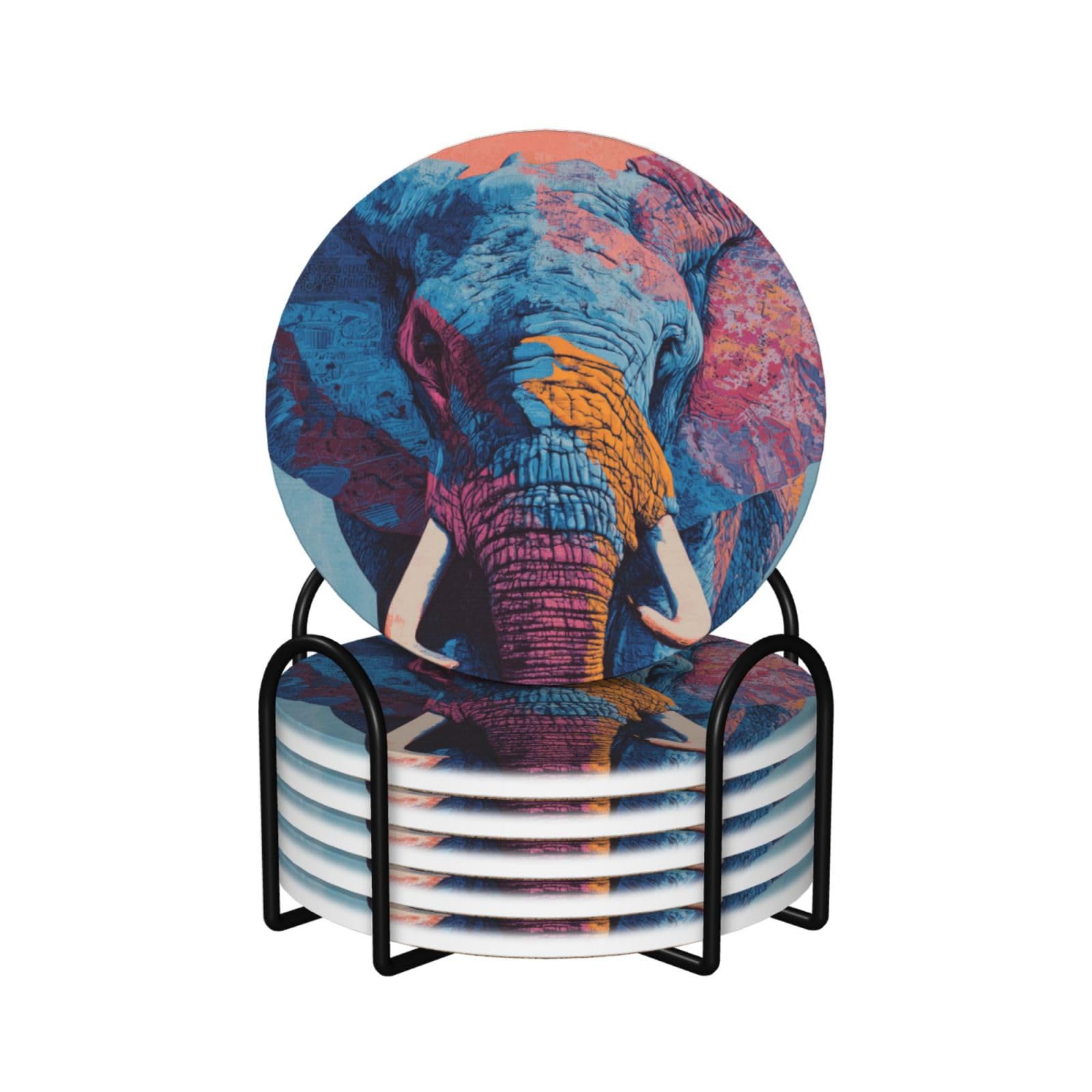 Colorful Head of an Elephant Ceramic Coasters with Holder 6ps