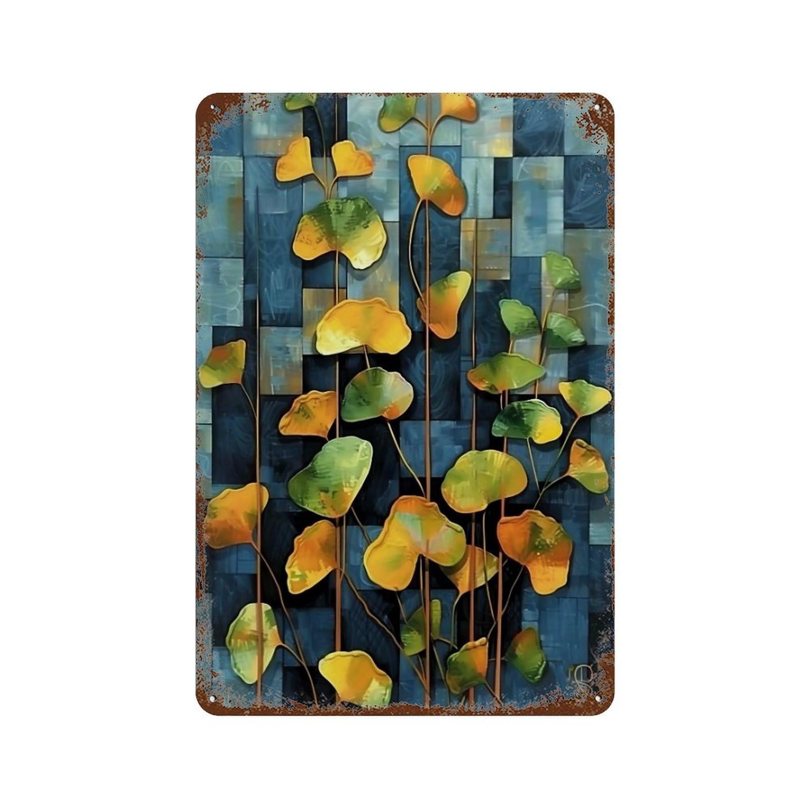 WUJHGRSG Impasto Geometric Block Golden Ginkgo Twigs 03 Wall Art Retro Iron Vintage Metal Tin Sign Poster Modern Decor for Home Cofffee Club Bar Shop Style 30x20cm