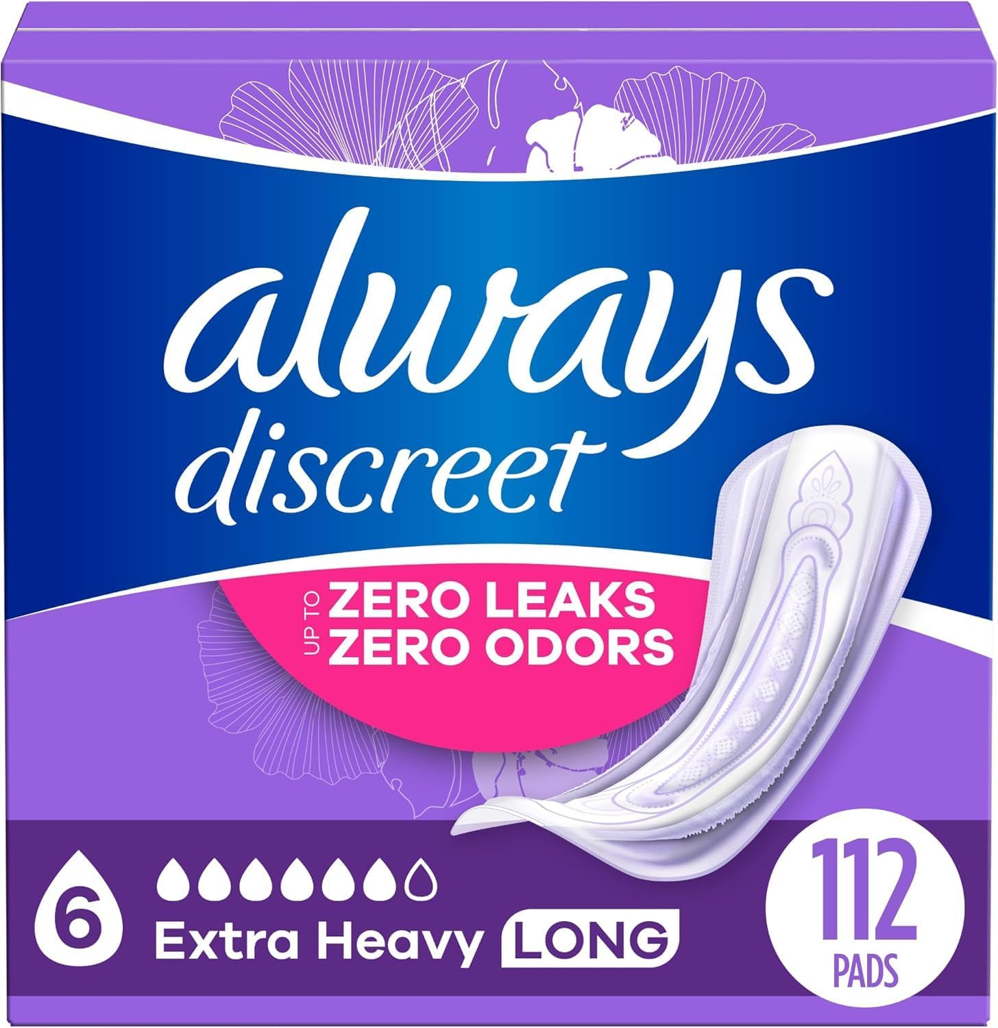 Always Discreet Adult Incontinence Pads for Women, Extra Heavy Absorbency, Long Length, Postpartum Pads, 112 CT Long Length 112