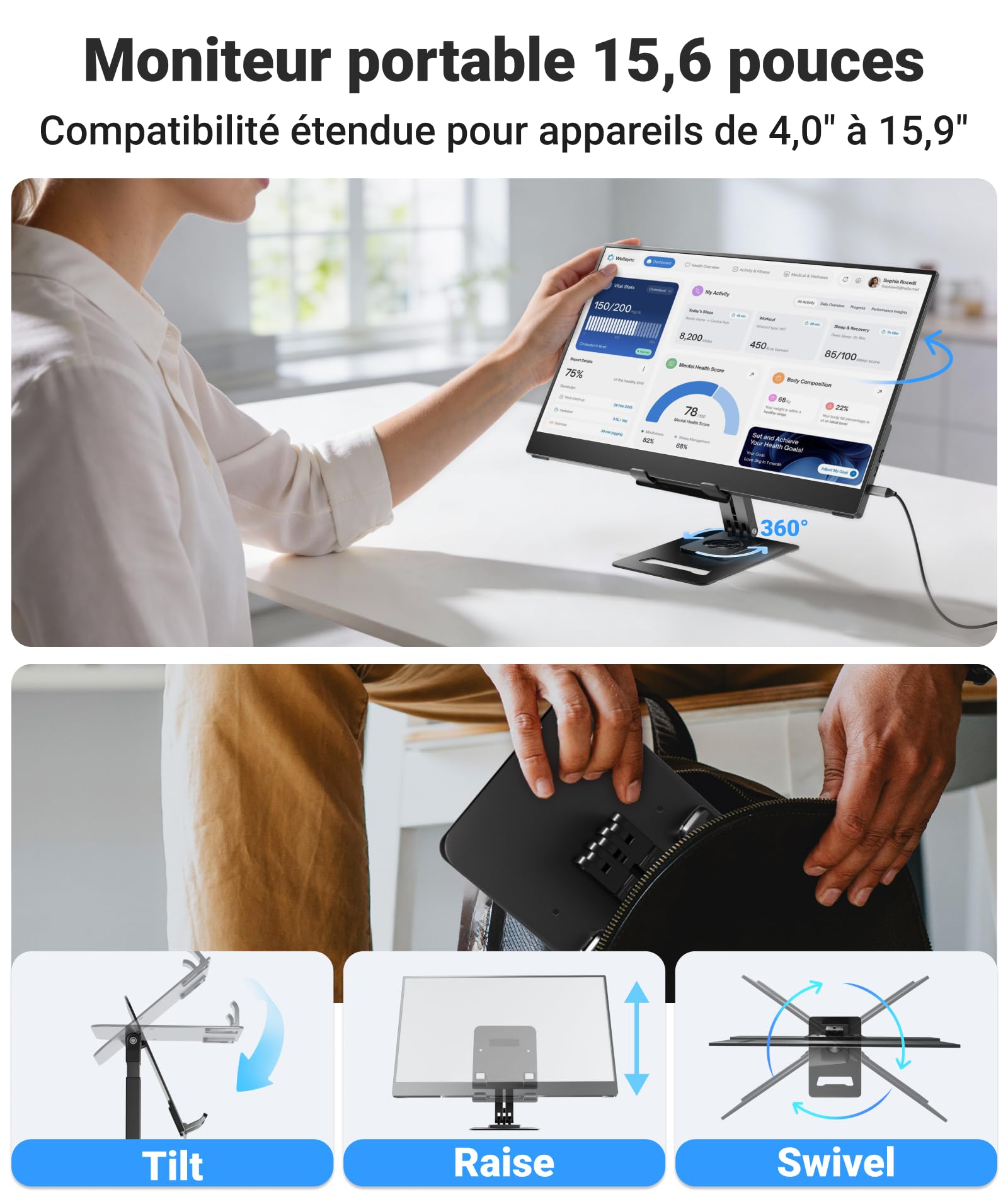 Ingnok Tragbarer Monitor 15,6 Zoll FHD 1080P IPS USB C HDMI für Laptop PC Mac PS3/4/5 Xbox