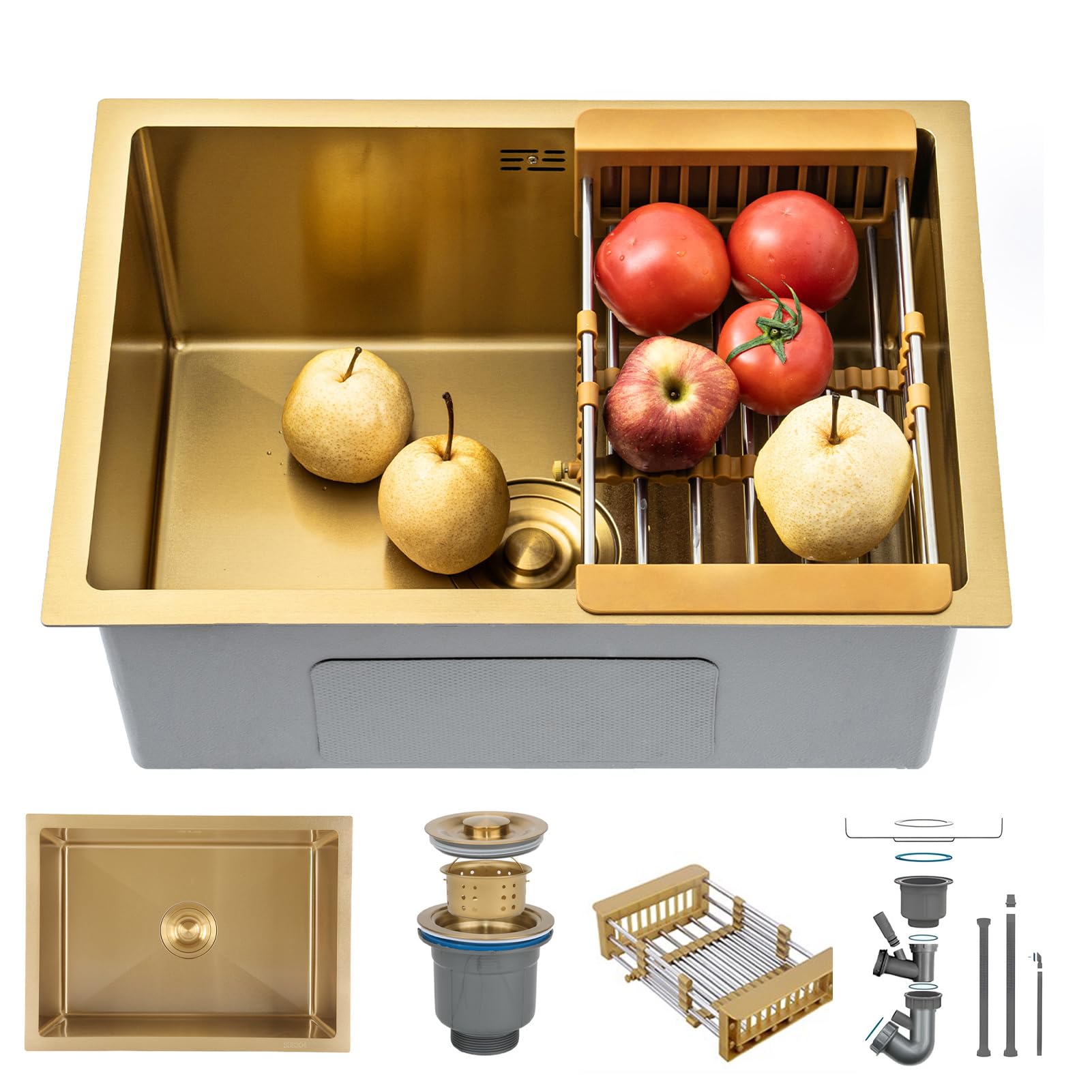 KOOGIMDDR 55 x 40 cm Gold Prep Sink Mini Trumpet Stainless Steel Multifunctional Kitchen Essential Single Bowl Sink with Gold Drainer and Mounting Components, with Drain Basket Undermount or Drop-In — image 1