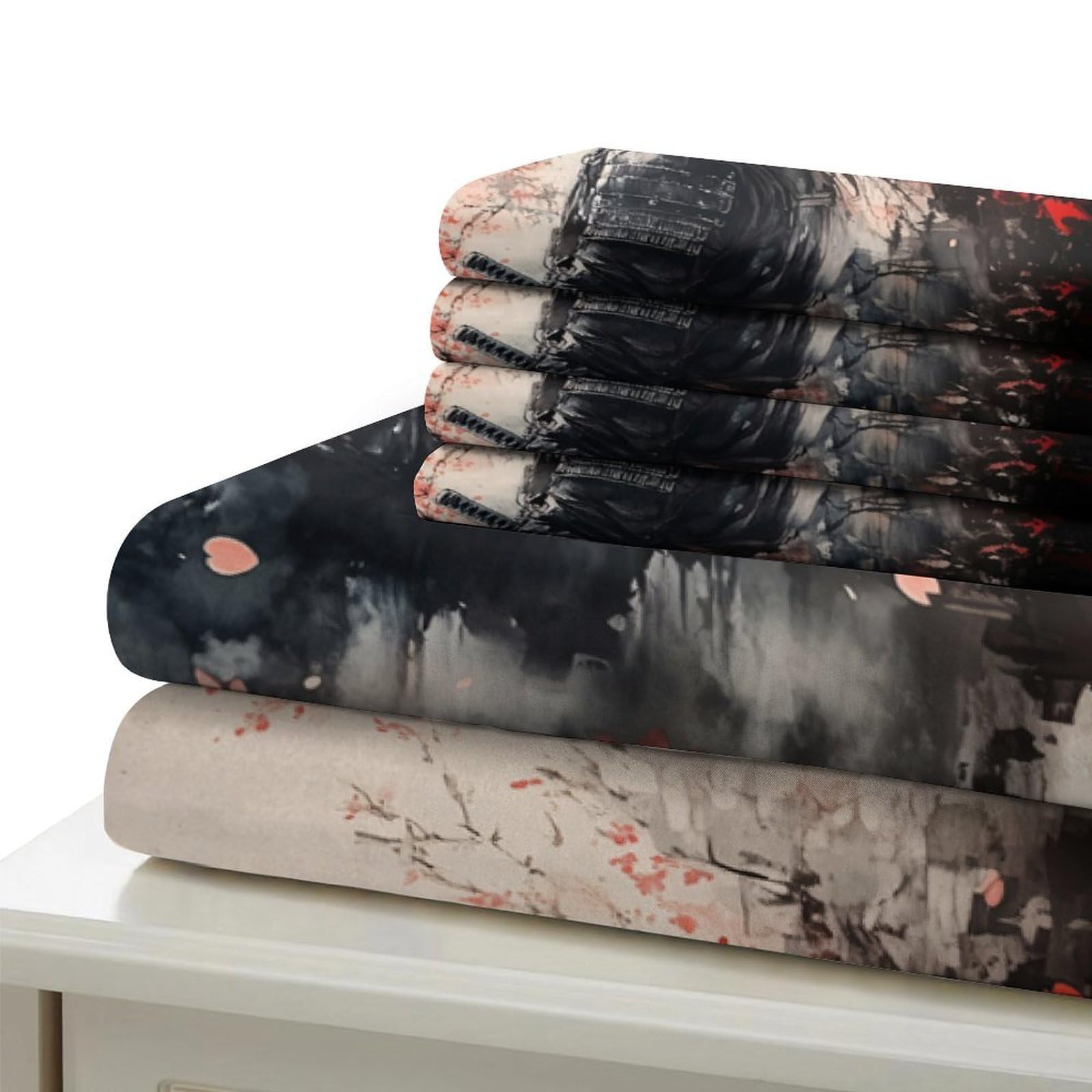 Samurai Krieger 3-teiliges Reines Polyester Japanische Tinte Malerei Stil Bettbezugset, Versteckter Reißverschluss, Für Kleinkinder, Babysicher & Gifffrei, Pflegeleicht King（220x240cm）