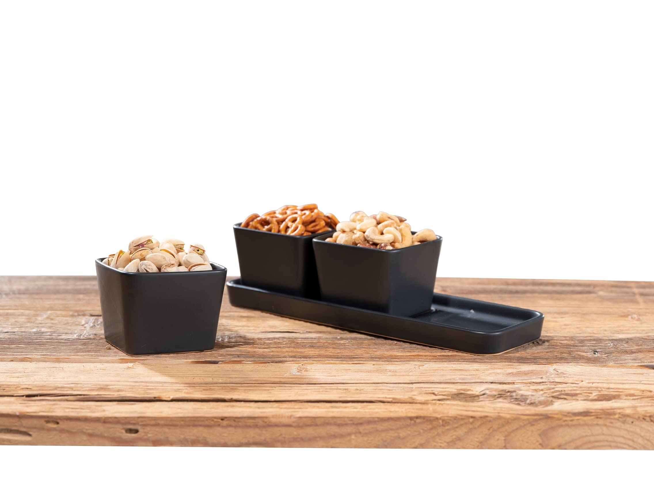 Wenko Ciotole per snack e salse, set 4 pezzi, piccolo vassoio con 3 ciotoline 300 ml in ceramica di qualità, accessorio Black Outdoor Kitchen per tapas, snack e fingerfood, 30x10x8 cm, nero, 55022100