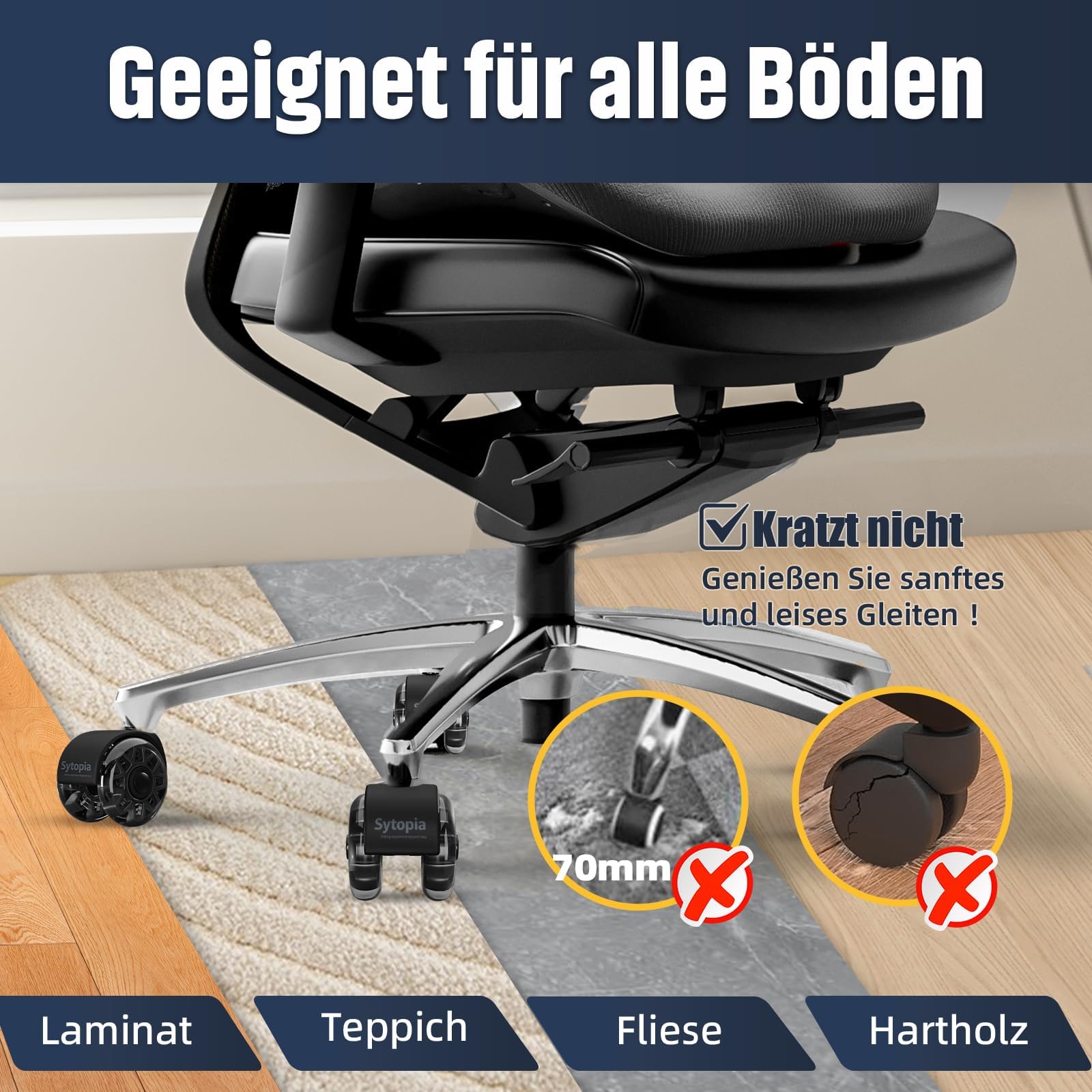 Rotelle Per Sedia Ufficio 60mm | Set 5 Pezzi, Gomma Per Parquet E Tappeti - Perni 11x22mm, Portata 317kg - Foto 2