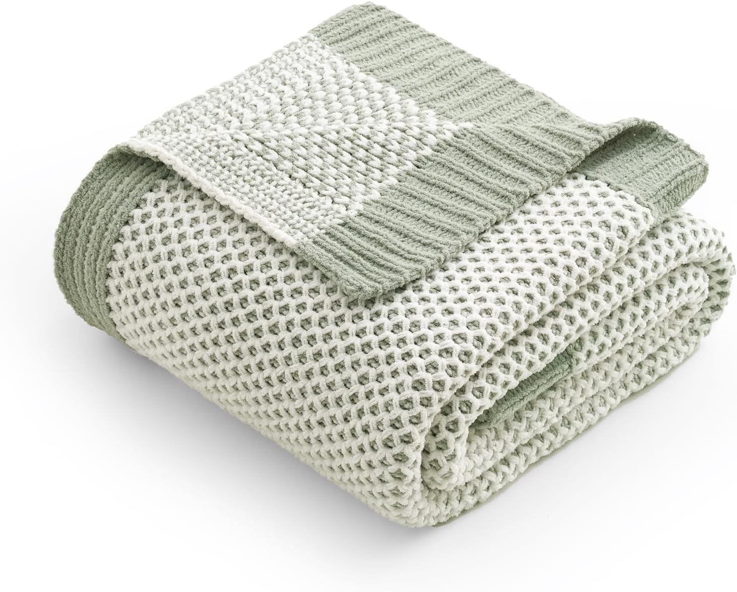 Amélie Home Honeycomb Knit Throw Blanket for Couch, Dual-Sided Soft Chenille Decorative Blankets for Sofa & Chair, 50"x60", Sage Green & White - Image 6