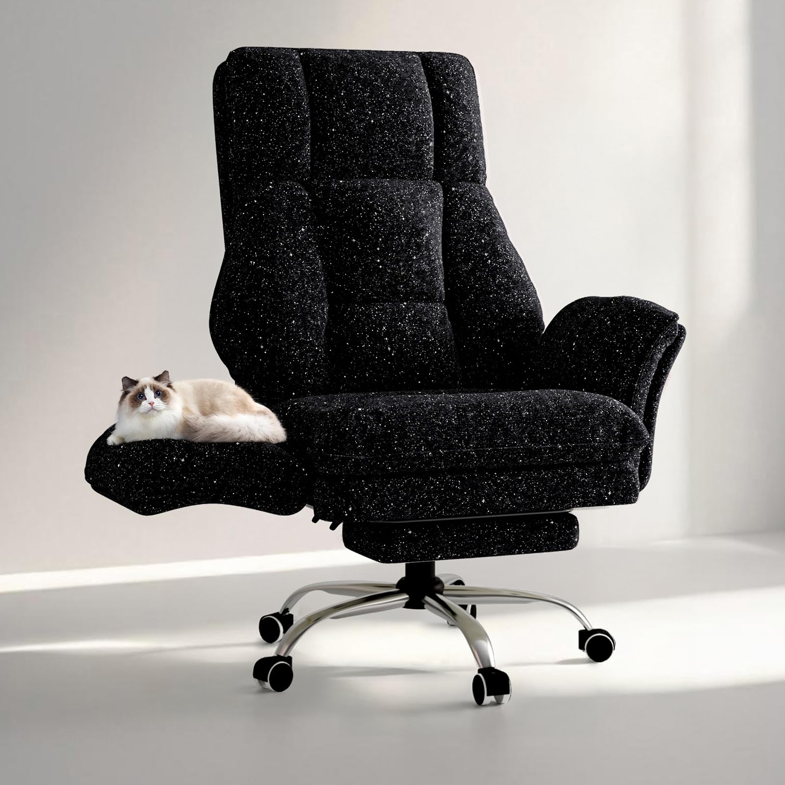 HOMRELEXA Bürostuhl Chefsessel Ergonomisch, Gaming Stuhl mit Fußstütze & 135° Verstellbarer Rückenlehne, Drehstuhl mit klappbaren Armlehnen, Hochlehner aus Chenille Glitzerstoff – Galaxieschwarz