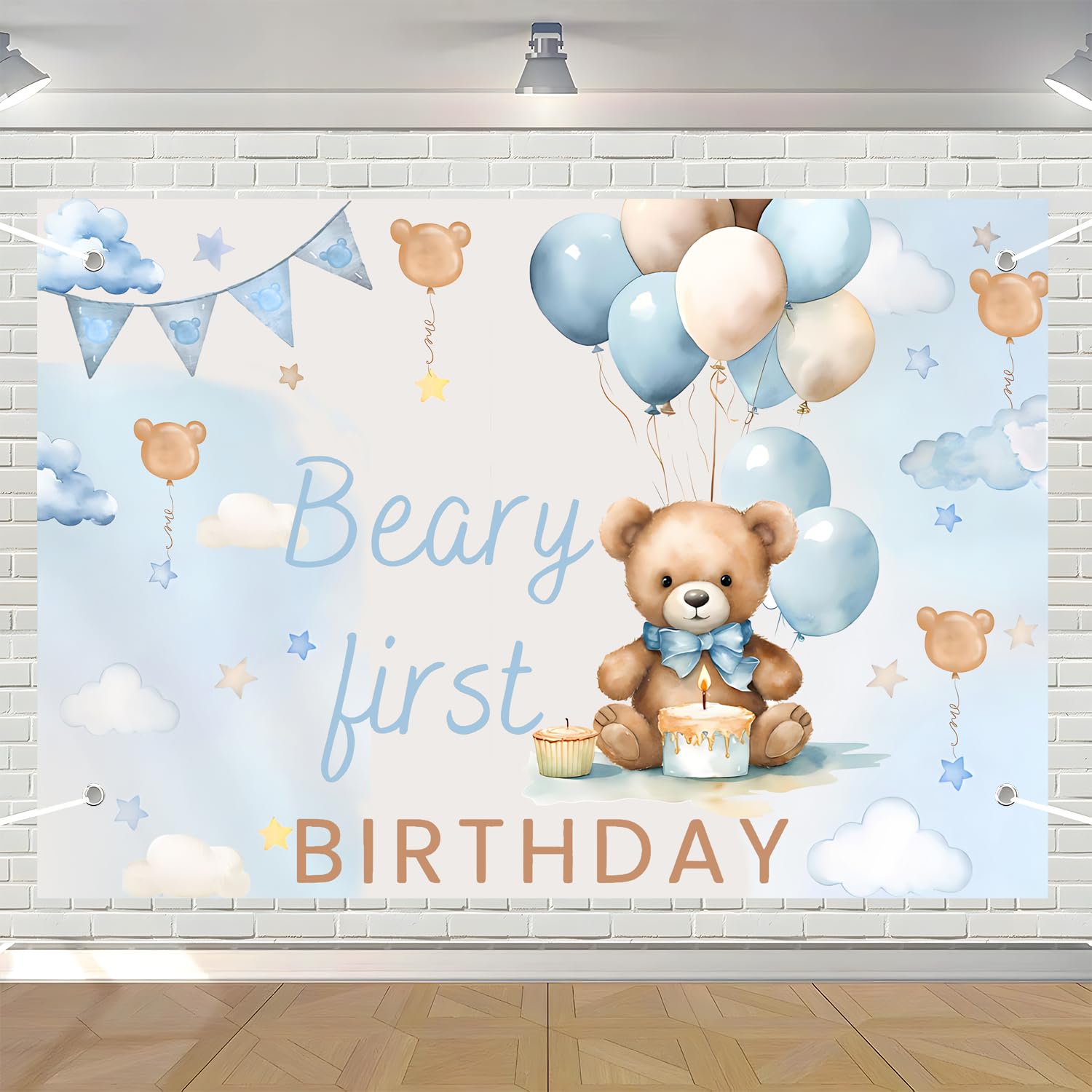 Beary First Birthday Backdrop Banner (Blue)