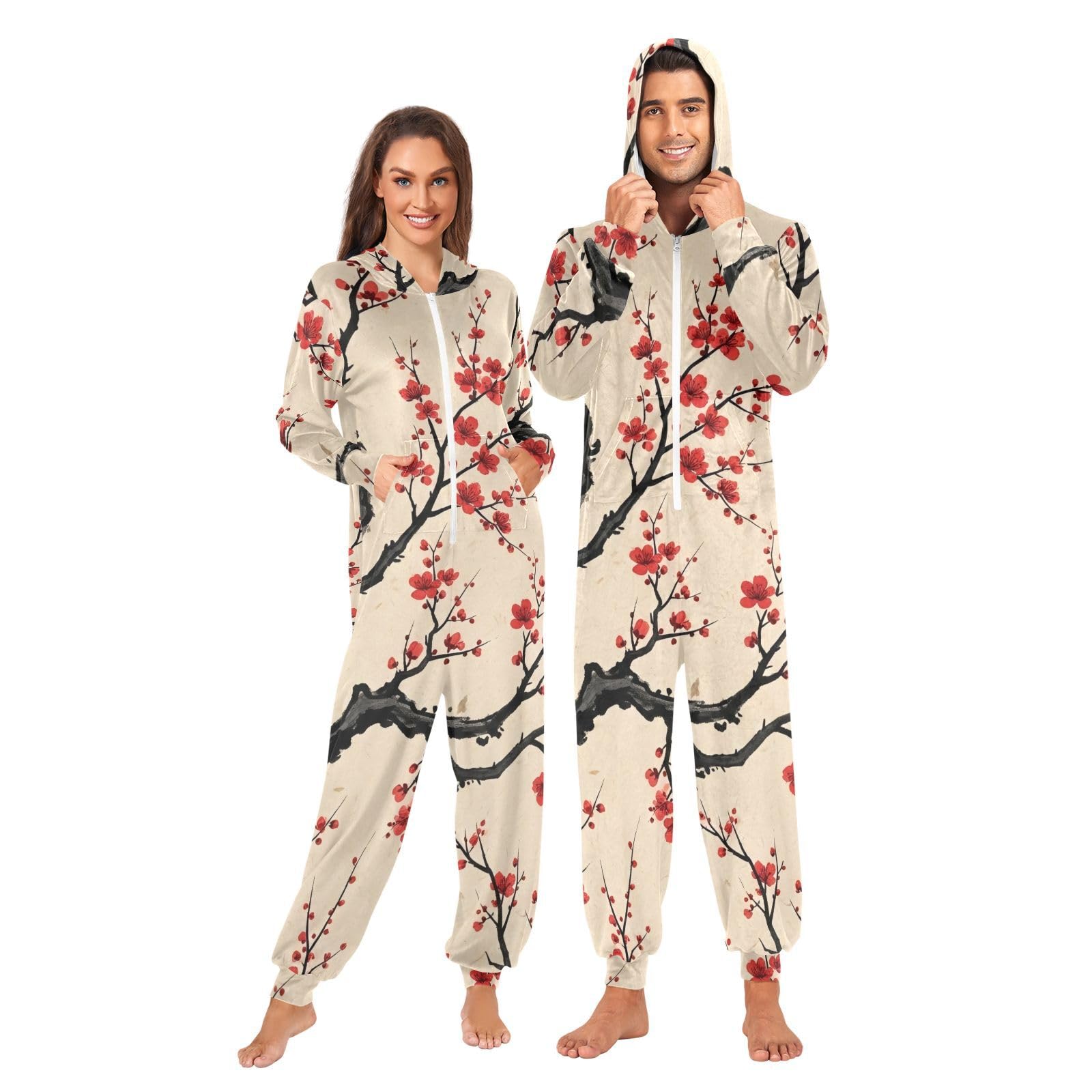 Elegante tuta intera da pigiama beige con albero nero, morbida tuta intera per donne adulte
