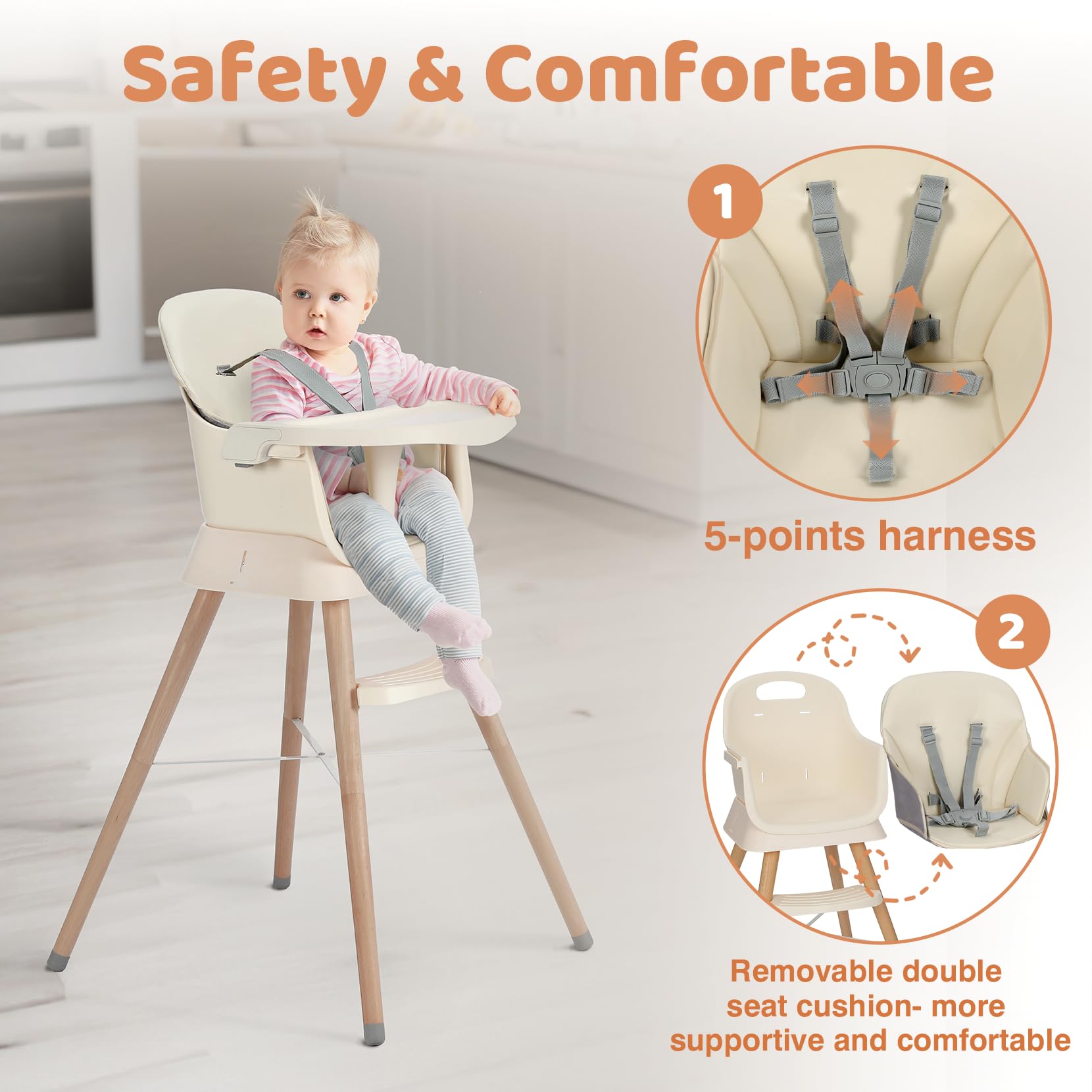 Seggiolone Pappa 6 in 1 Convertibile in Rialzo Sedia Bambino con Gambe in Legno, Cintura 5 Punti, Vassoio Rimovibile, Beige