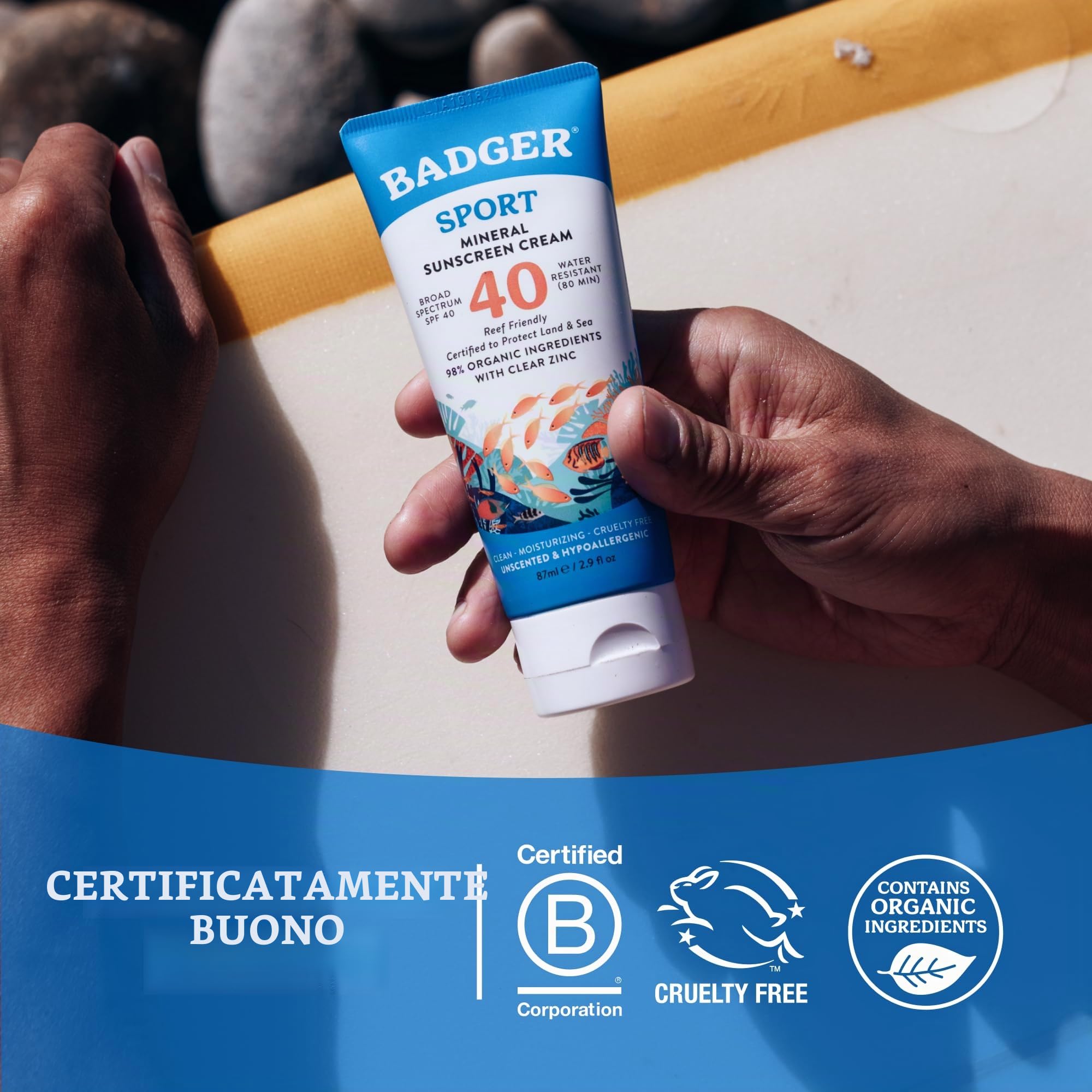 Badger Protezione Solare Sicura per le Barriere Coralline, Senza Profumo, FPS 40, Minerale, 98% Organico, Zinco Resistente all'Acqua, Approvato per le Barriere Coralline di Hawaii e Messico, 85 ml