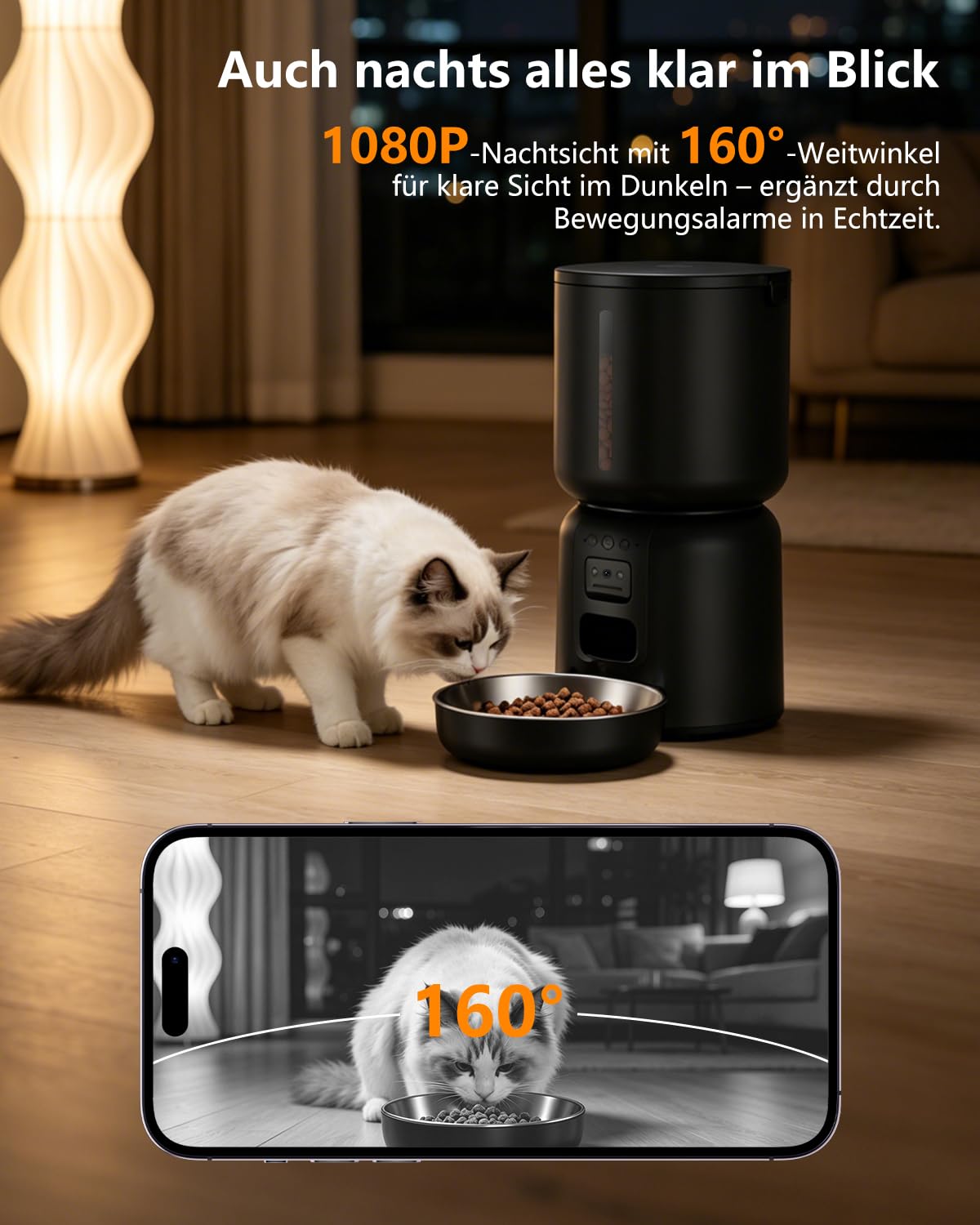 Comedero automático para gatos con cámara de 2 MP y control por aplicación, dispensador automático de alimentos para gatos y perros, 5 G WiFi, visión nocturna, 1 – 10 comidas al día, juego de fuente