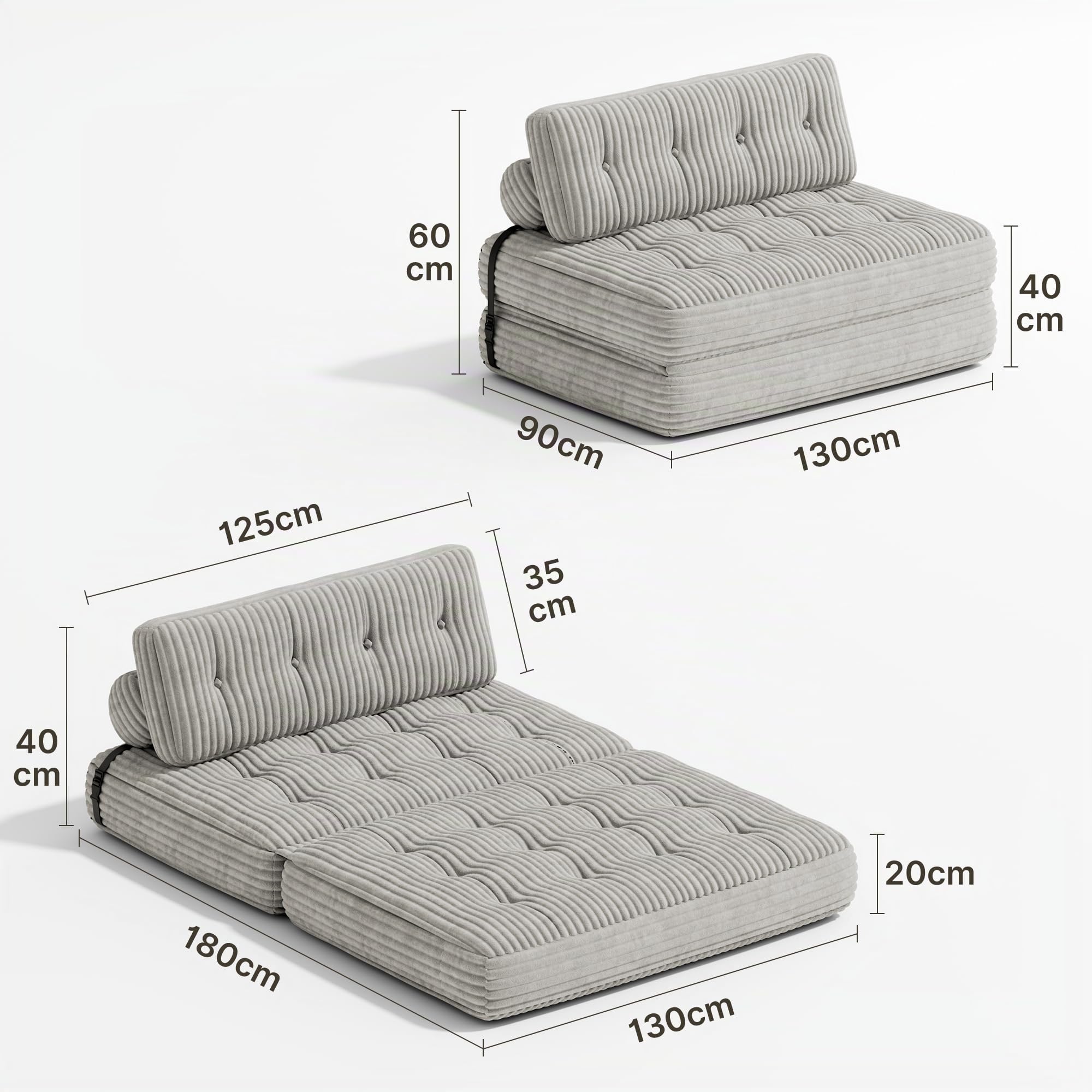 Xbro Faltbares Klappsofa 2-in-1 Mit Schlaffunktion, Gästebett Für Kleine Räume, Cordstoff, Verstellbare Kopf- Und Rückenstütze, 180 x 130 cm, Hellgrau
