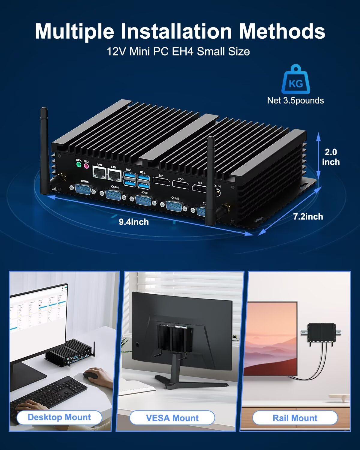 WEIDIAN Mini PC bez Wentylatora Mini Komputer i7 8550U, 8GB RAM 256GB Win11 Pro Komputer Przemysłowy, HD DP EDP, 6x RS232/RS485, WiFi5 BT, 8USB, LPT Linux Ubuntu, Auto Power On