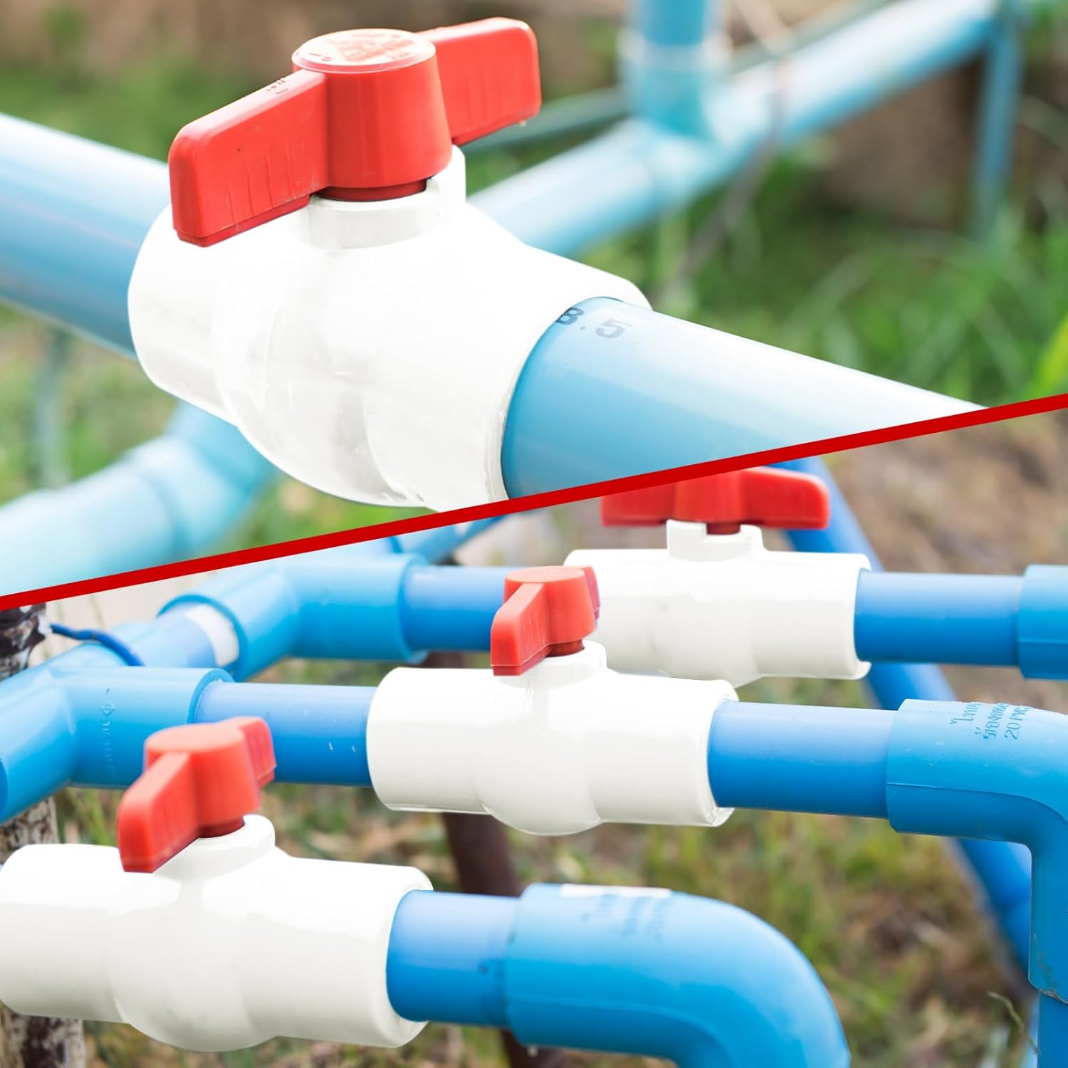 Hiboom 20 Pcs 3/4 Inch PVC Ball Valve Shut off Valve Socket Threaded with Red T-handle for Cold Water Supply Lines, Irrigation Pipe Fitting System, Rated at 150 Psi, SCH40 NPT