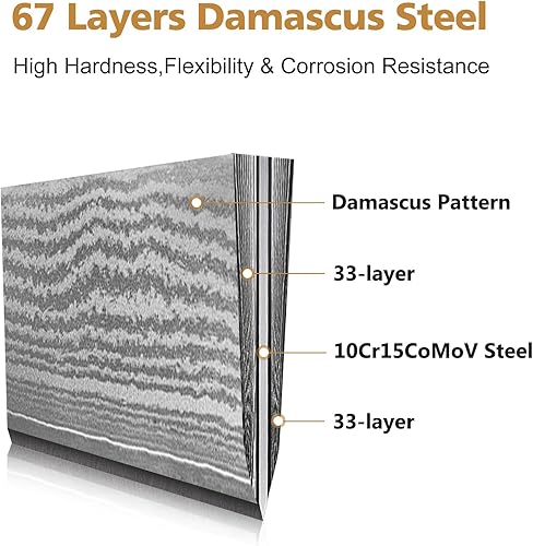 Miniatura 3 de HOSHANHO Juego de cuchillos con bloque de 7 piezas, juego de cuchillos de cocina profesionales de 67 capas de acero de Damasco para cocinar, juego