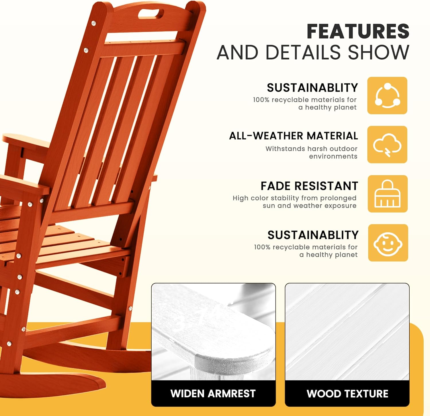 LOUNZY Outdoor Rocking Chair with Footboards Set of 2, HDPE Rocking Chair Patio Porch Rocker with 380lbs Support for Adult, Orange