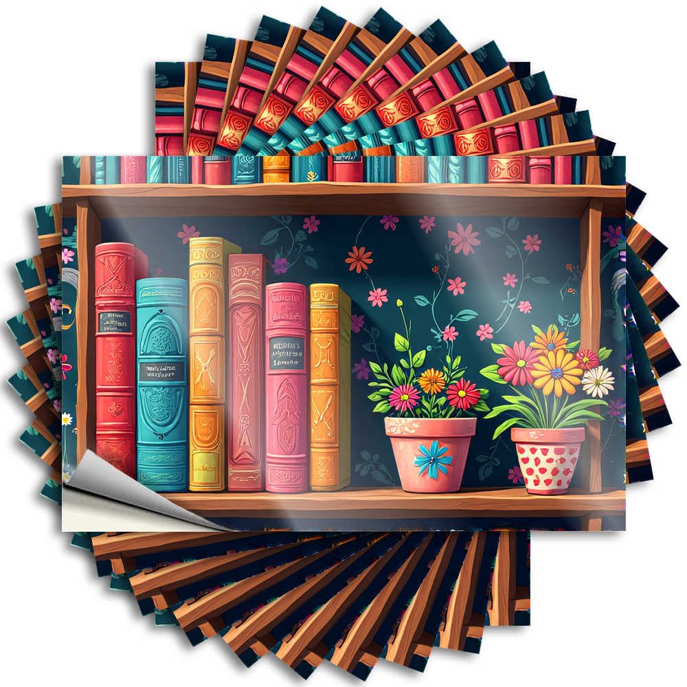 Unique Home Decor Cozy Tattoos - Colorful Books and Flowers On Wooden Shelves Removable Decal Hard Easy Peel for Things(6X9CM)