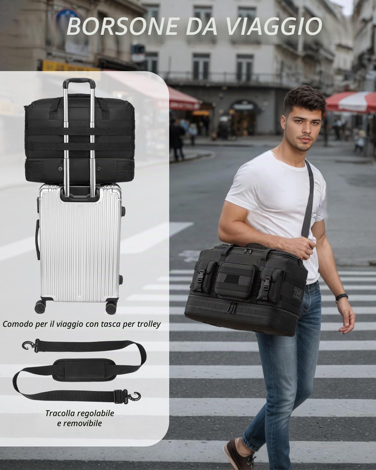Borsone da viaggio da uomo da 50 l, borsa da palestra con set da toilette per fitness, weekender, campeggio
