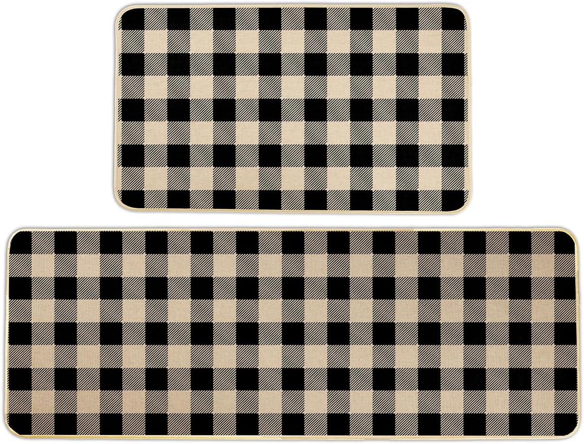 Farmhouse Kitchen Rugs Sets of 2,17x29 + 17x47 Inch,Black and White Buffalo Plaid Kitchen Mats,Non-Slip,Low Profile Floor Mat Standing Rug for Home Decor