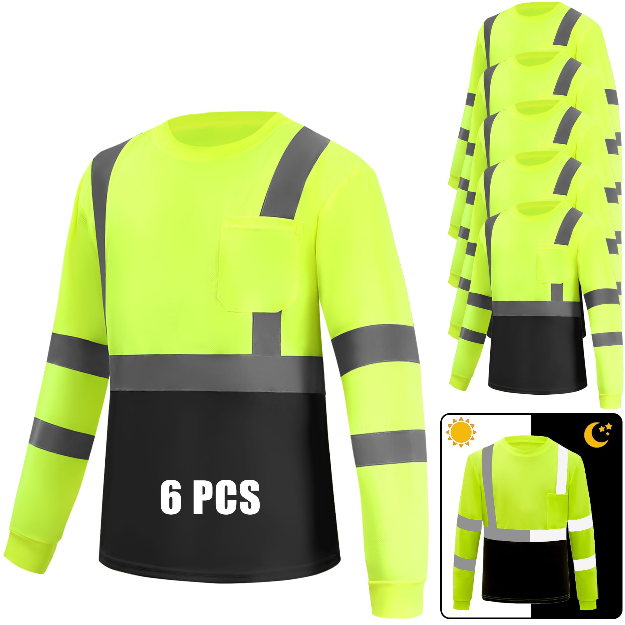 WPLM 6 Pack Hi Vis Long Sleeve Safety Shirts Reflective DryBlend Shirts for Railway Colleague Moisture Wicking Multipack