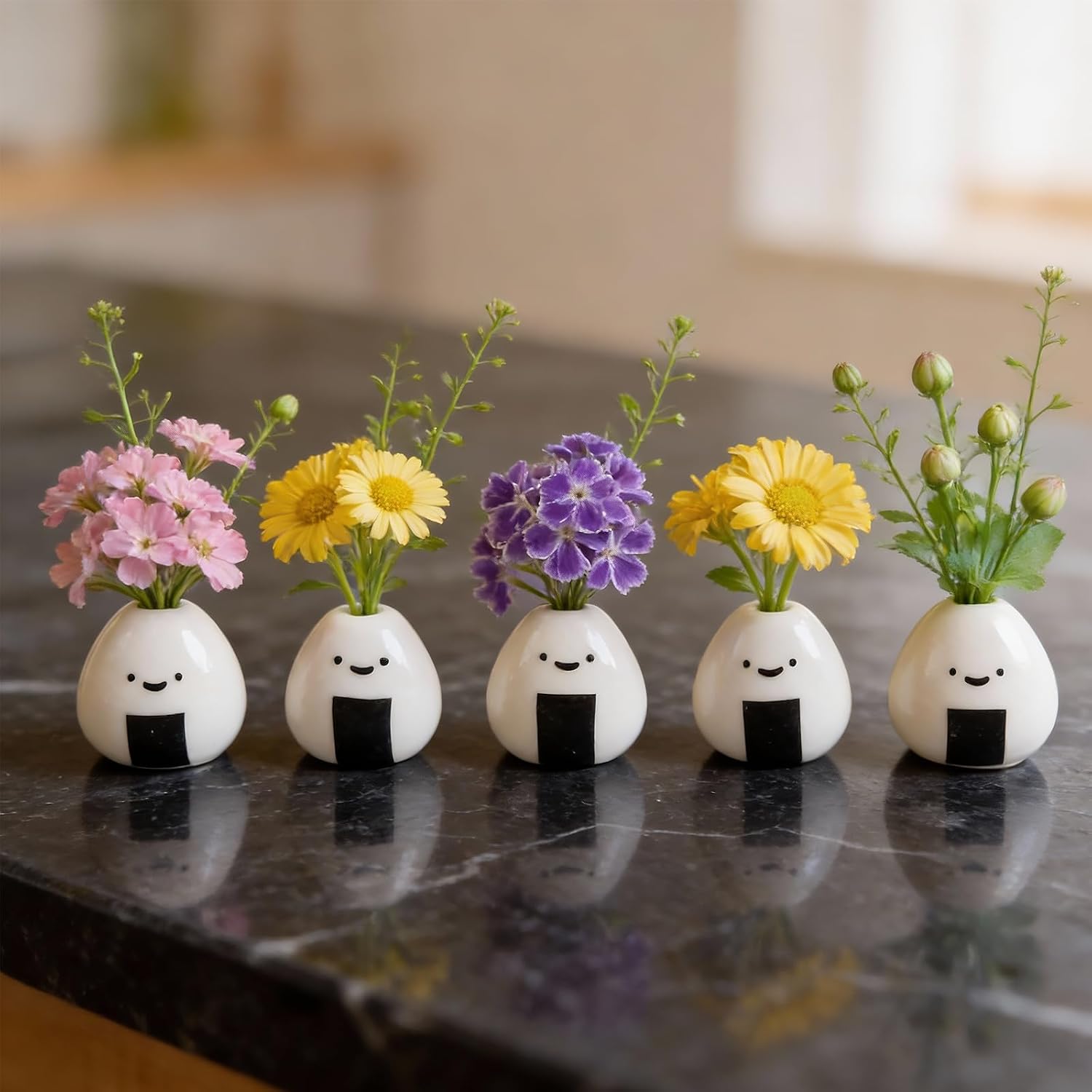 MOUGIGI 5 PCS Mini Flower Vase, Handmade Ceramic Rice Ball (Japanese Onigiri) Miniature Vases, Charming and Cute Design, Perfect for Dry Flowers - Bulk Bud Vases, Unique and Adorable Japanese Craft
