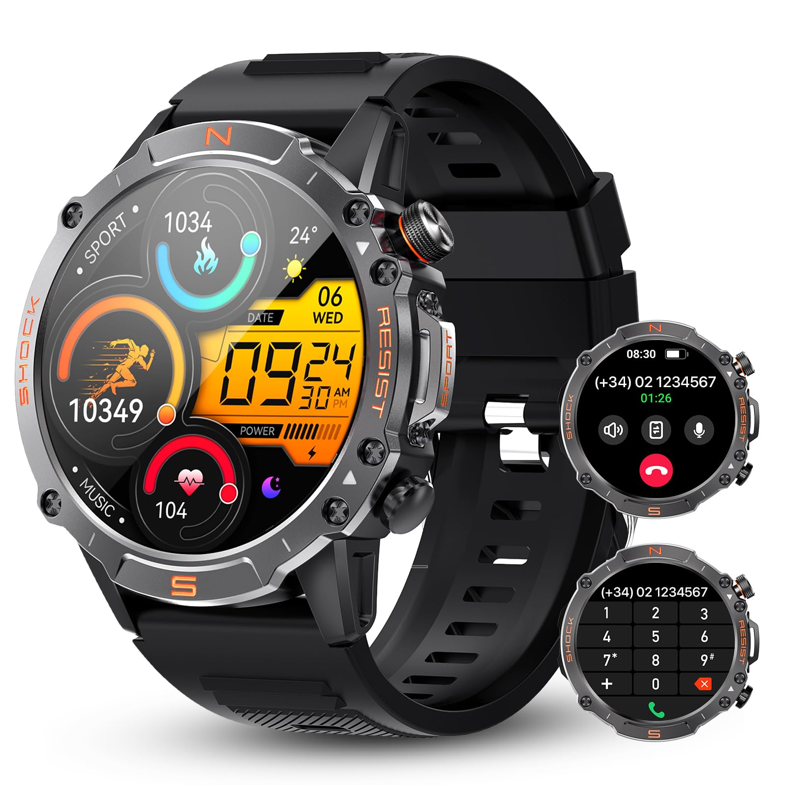WalkerFit Reloj Inteligente Hombre: Smartwatch Hombre Militar Resistente e Impermeable AMOLED de 1,43", Regalos para Hombre Smart Watch con Podómetro, 60 días Batería, 120 Modos Deportivos Android/iOS