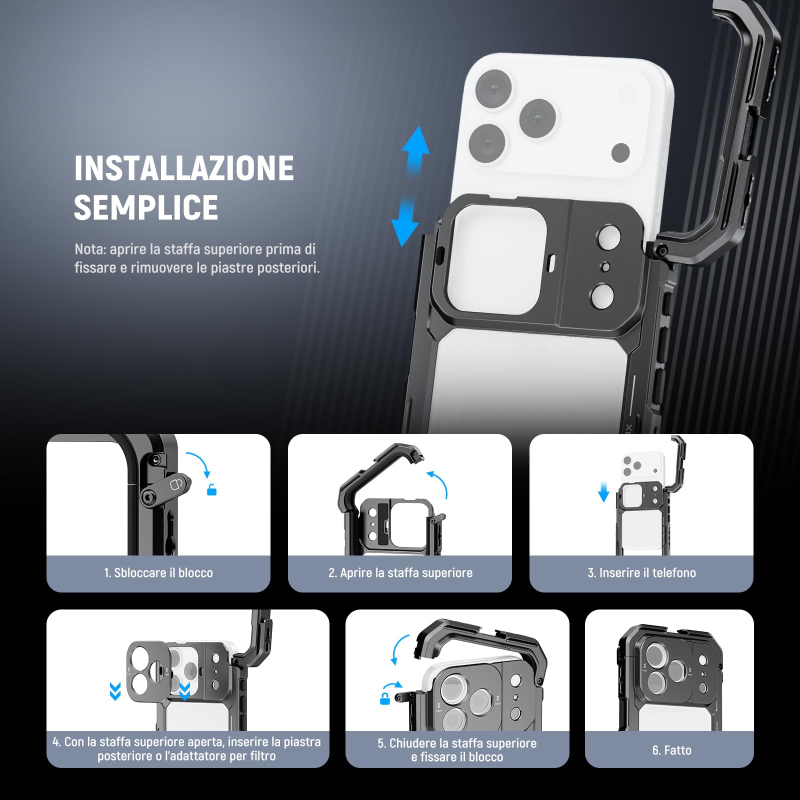 NEEWER Phone Cage Compatibile con iPhone 17 Pro Max, Accessorio Stabilizzatore Video Rig con Anello Filtro da 67mm, Backplate Lenti da 17mm, Adattatore T Mount, 4 Tappi di Controllo, PA144 (Nero)