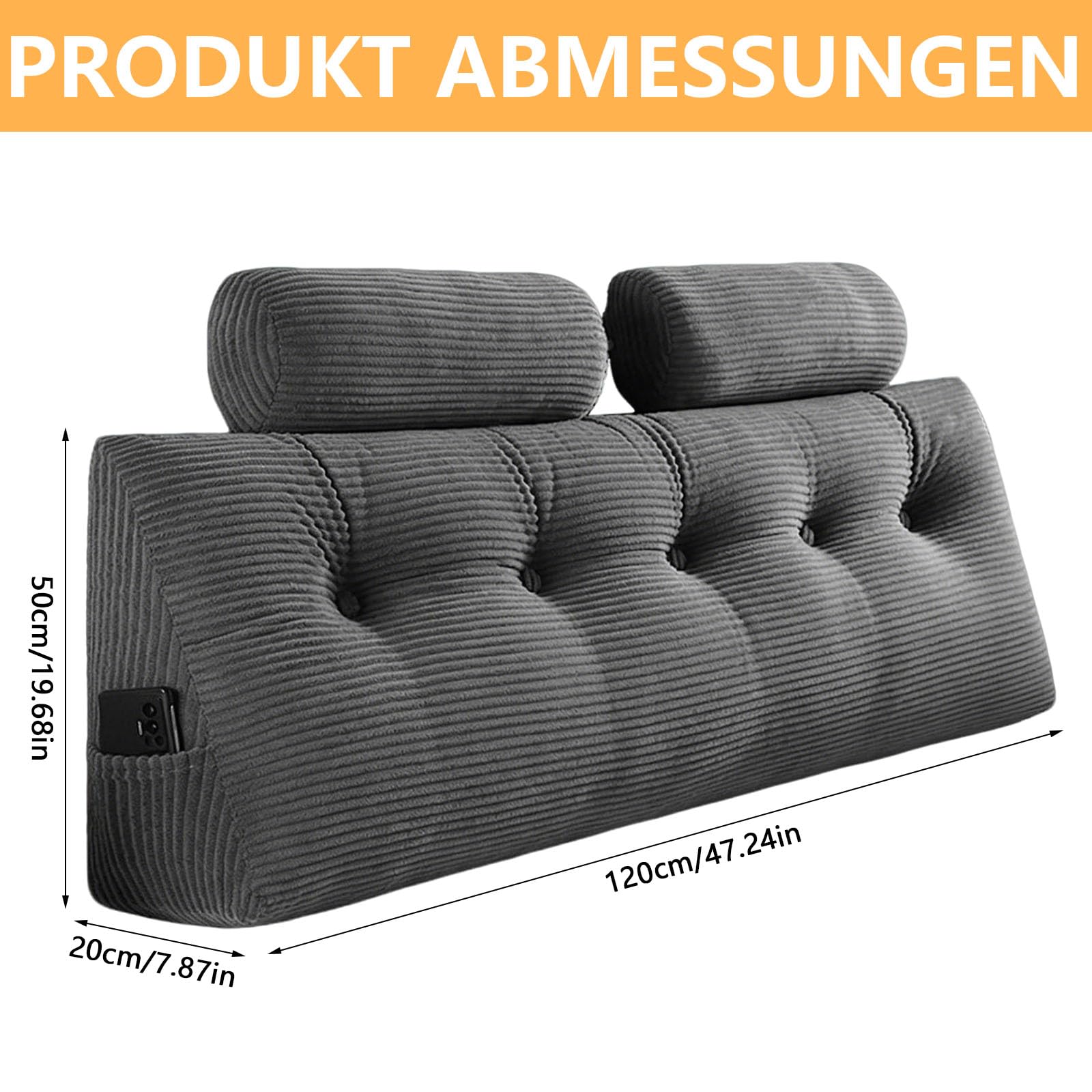 120 * 50 * 20cm Wandkissen, Groß Keilkissen mit 2 Rundes Kissen | Rückenkissen Für Bett Und Sofa mit Waschbarer Kissenbezug&praktischem Seitenfach, ErgonomischesSofa Kissen zum Lesen Arbeiten