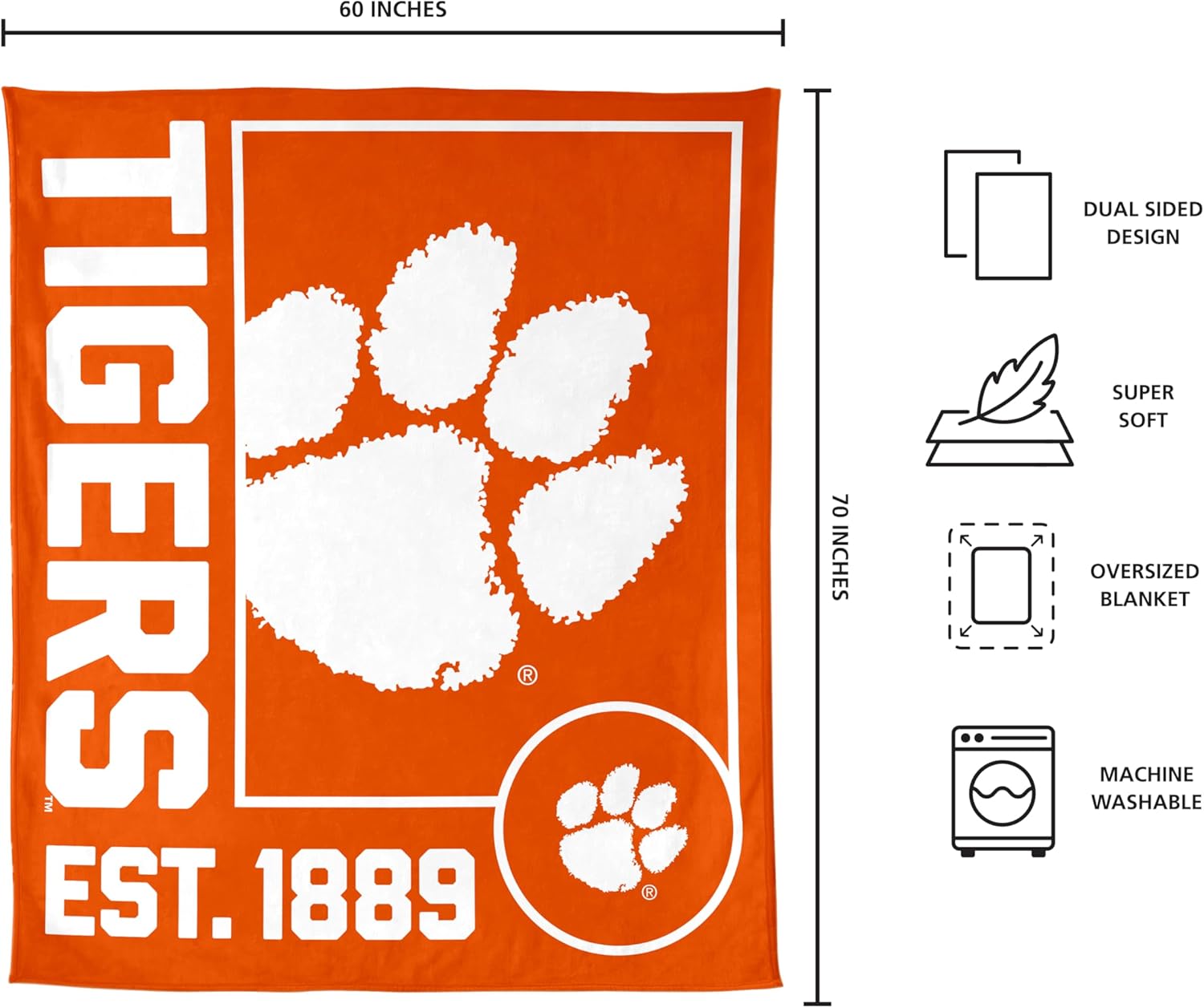 FANMATS NCAA Clemson Tigers Super Plush Throw Blanket – 60" x 70" Size | Team Color | Ultra-Soft Polyester Material