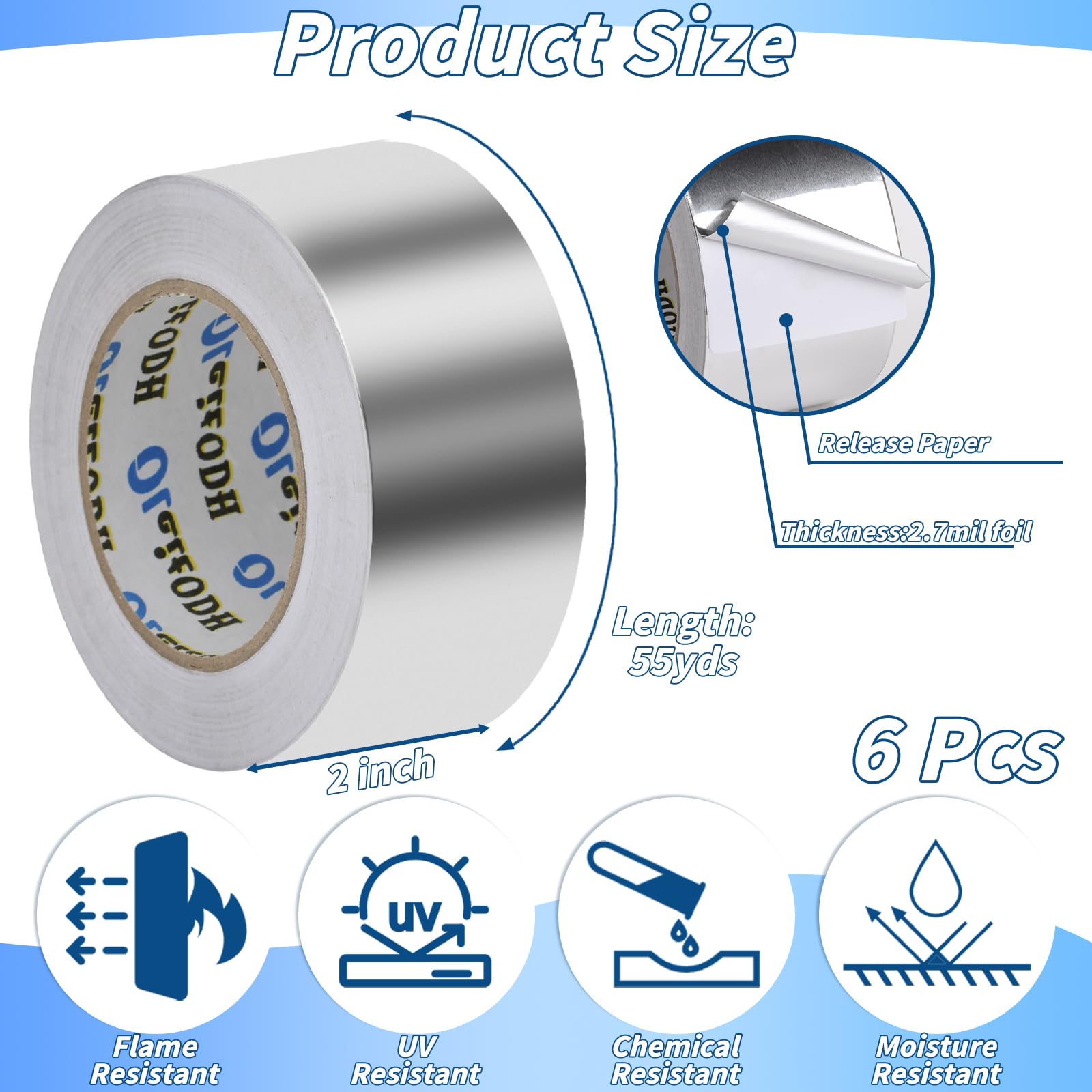 Paquete de 6 cintas de aluminio a granel de 2 pulgadas x 55 yardas, cinta adhesiva de metal resistente, cinta plateada de alta temperatura para sellado y parches, HVAC, conductos de aire, reparación