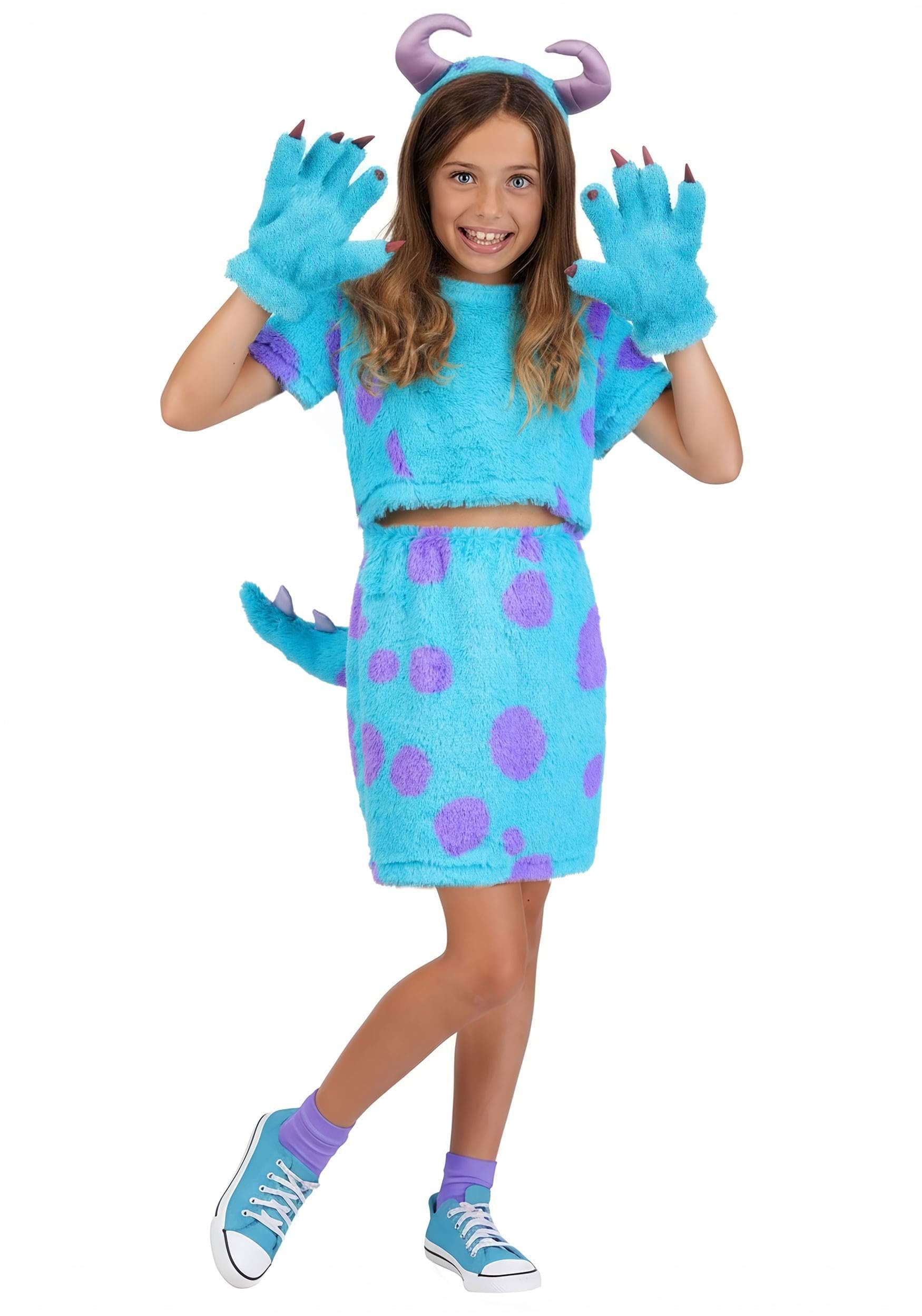 Girl's Monsters Inc Sulley Costume for Kids - Officially Licensed with Furry Top, Skirt, Gloves, Headband, and Tail