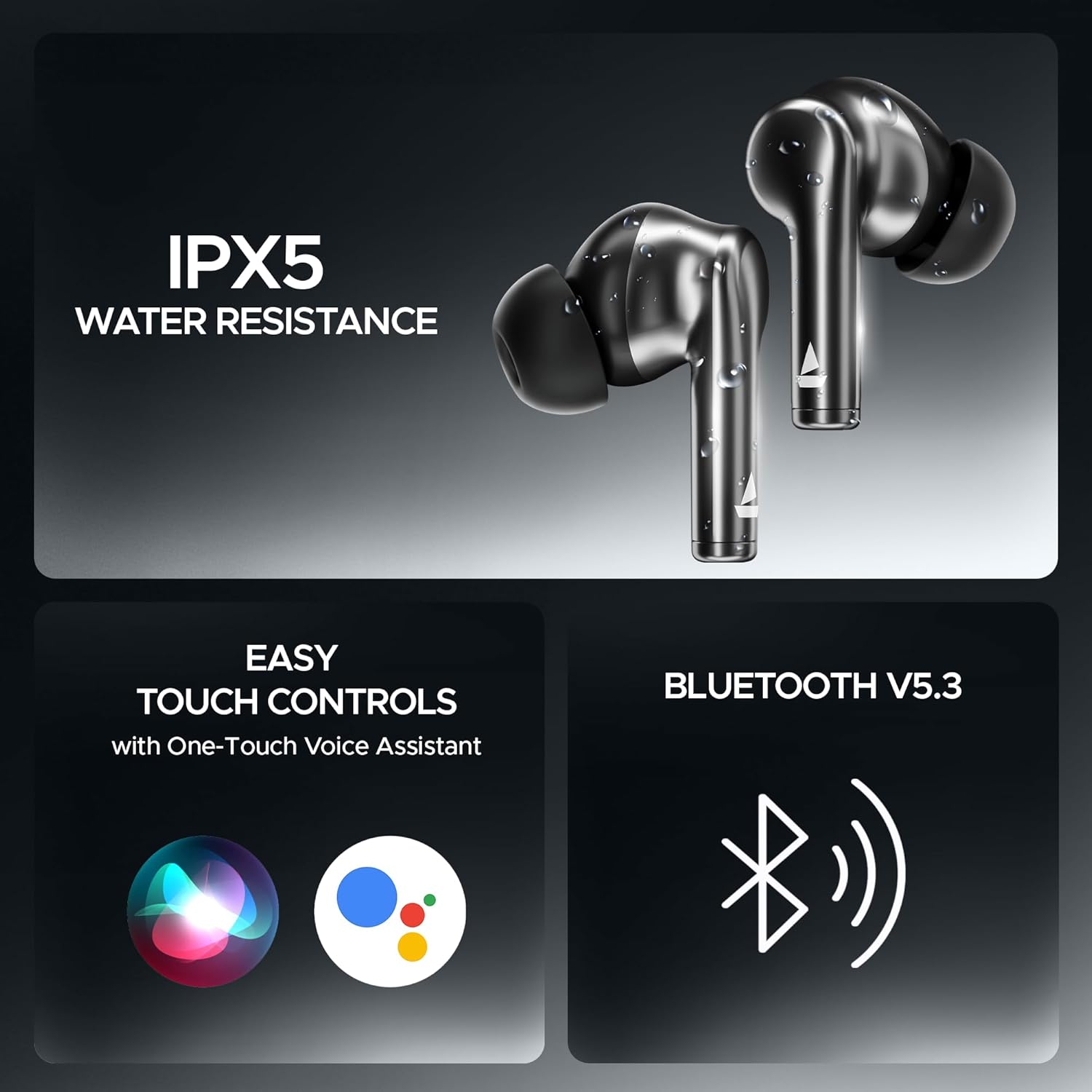 IPX5 Water Resistance, Easy Touch Controls, Bluetooth v5.3