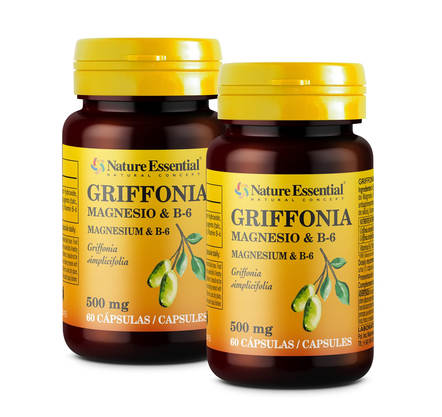Nature Essential - Griffonia 500 miligramos - Pack 2-60 Cápsulas - Magnesio y Vitamina B8 - Ayuda a Dormir